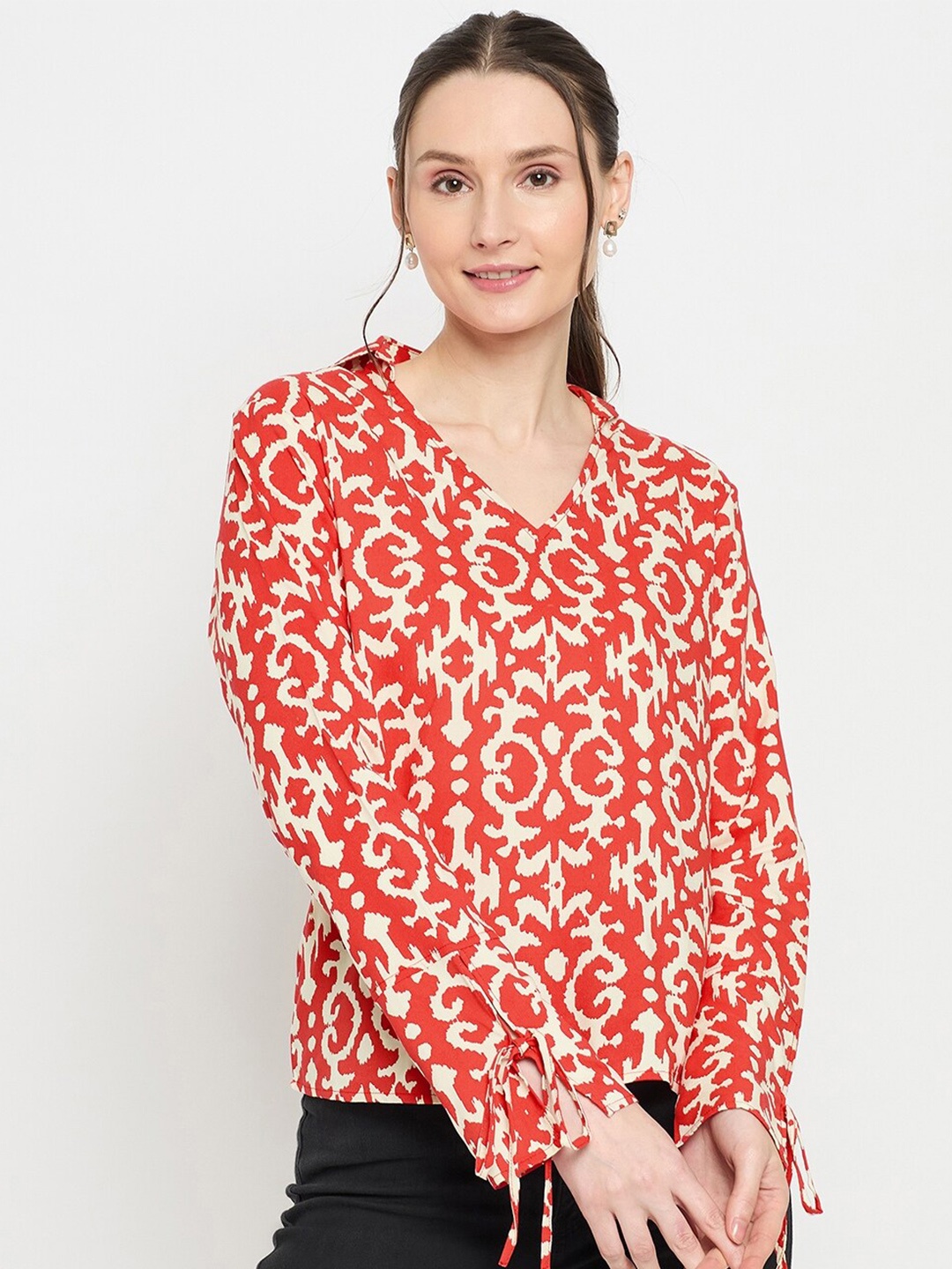 

Imfashini V-Neck Ethnic Printed Cotton Top, Red