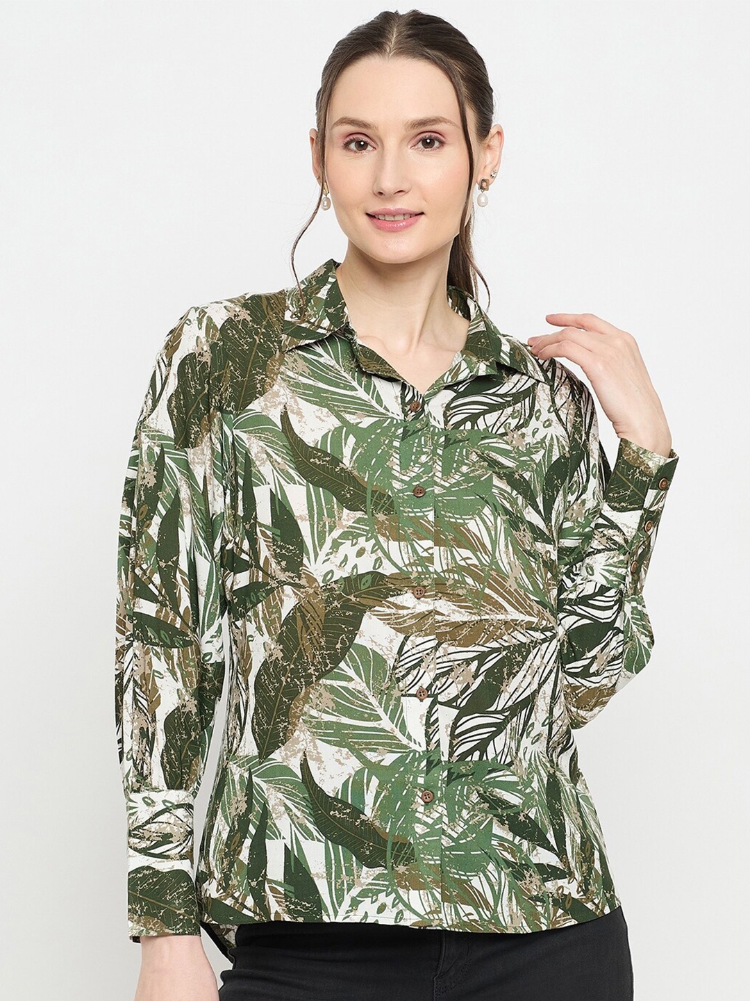 

Imfashini Shirt Collar Tropical Print Cotton Shirt Style Top, Green