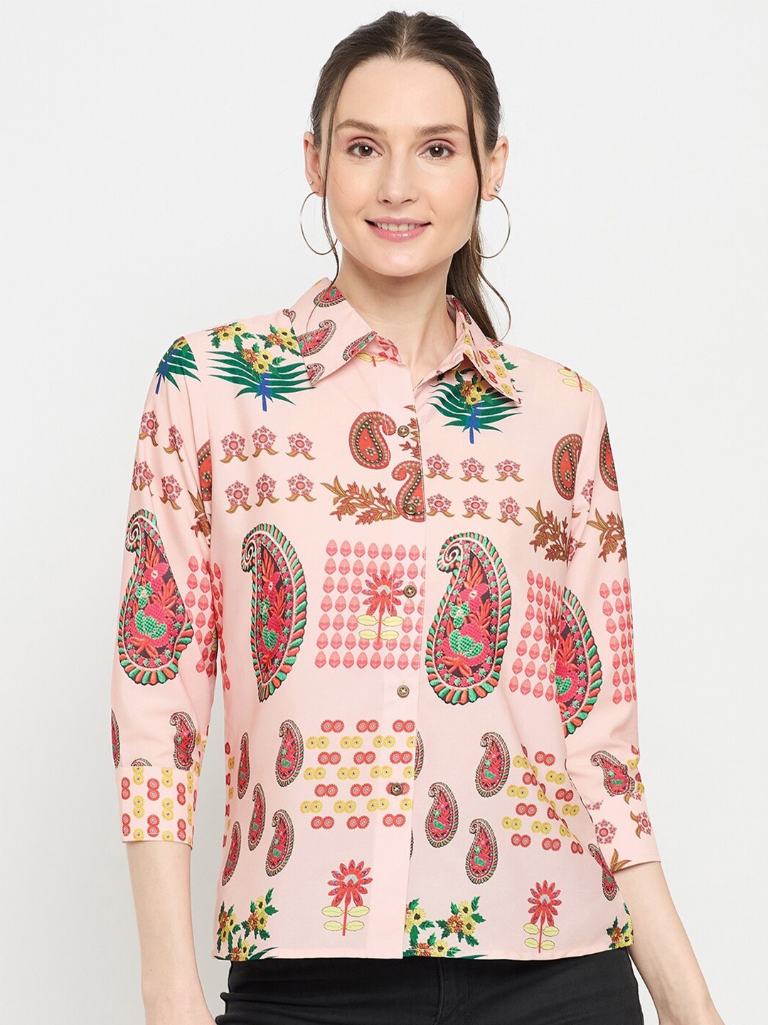 

Imfashini Ethnic Motifs Print Crepe Shirt Style Top, Peach
