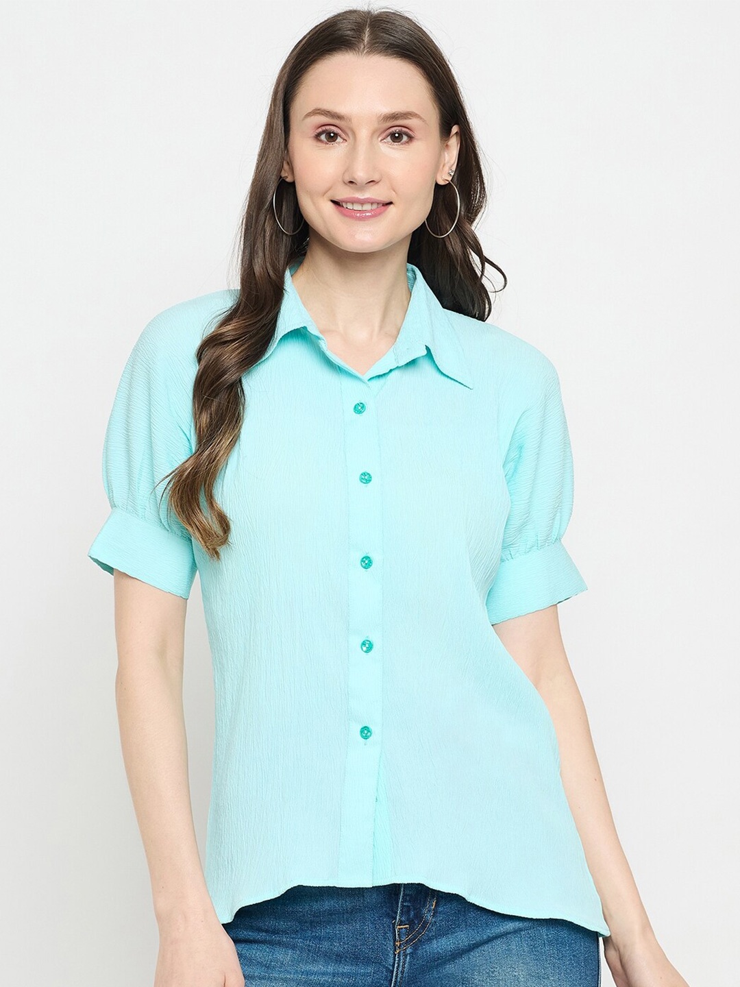 

Imfashini Shirt Collar Cuffed Sleeves Shirt Style Top, Turquoise blue