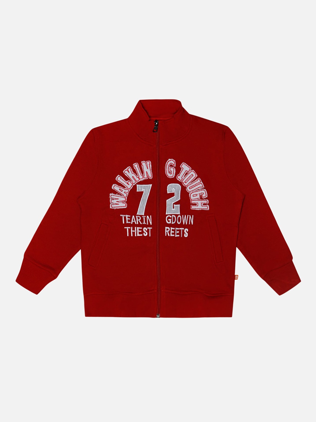 

Bodycare Boys Typography Embroidered Mock Collar Fleece Front-Open Sweatshirt, Red