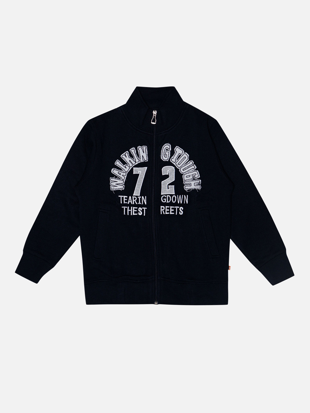 

Bodycare Boys Typography Embroidered Mock Collar Fleece Front-Open Sweatshirt, Navy blue