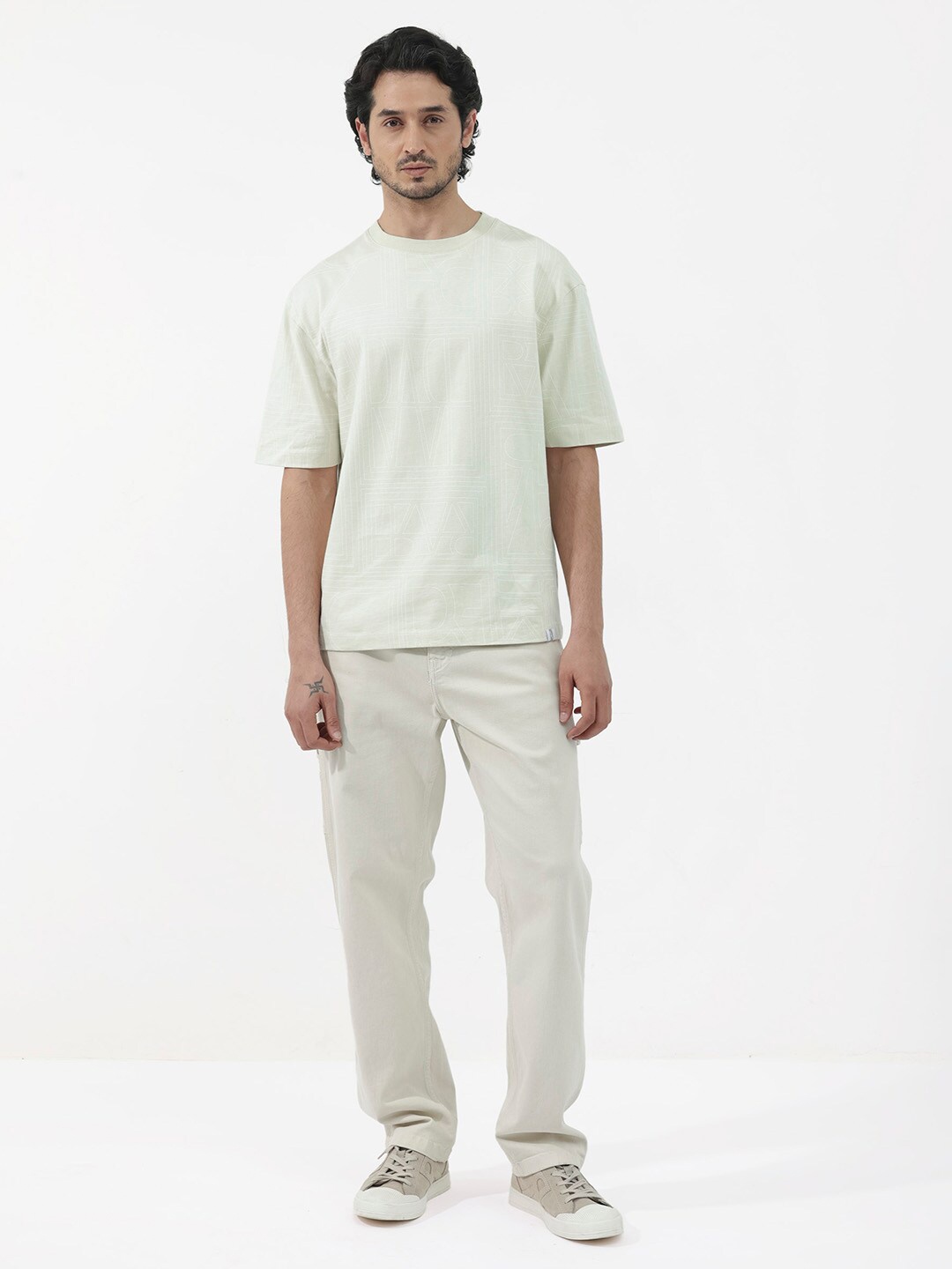 

RARE RABBIT Men Hagrid Oversized Round Neck Cotton T-Shirt, Green
