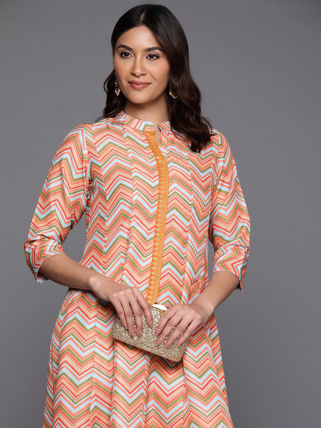 

Ahalyaa Women Chevron Printed A-line Midi Dress, Peach