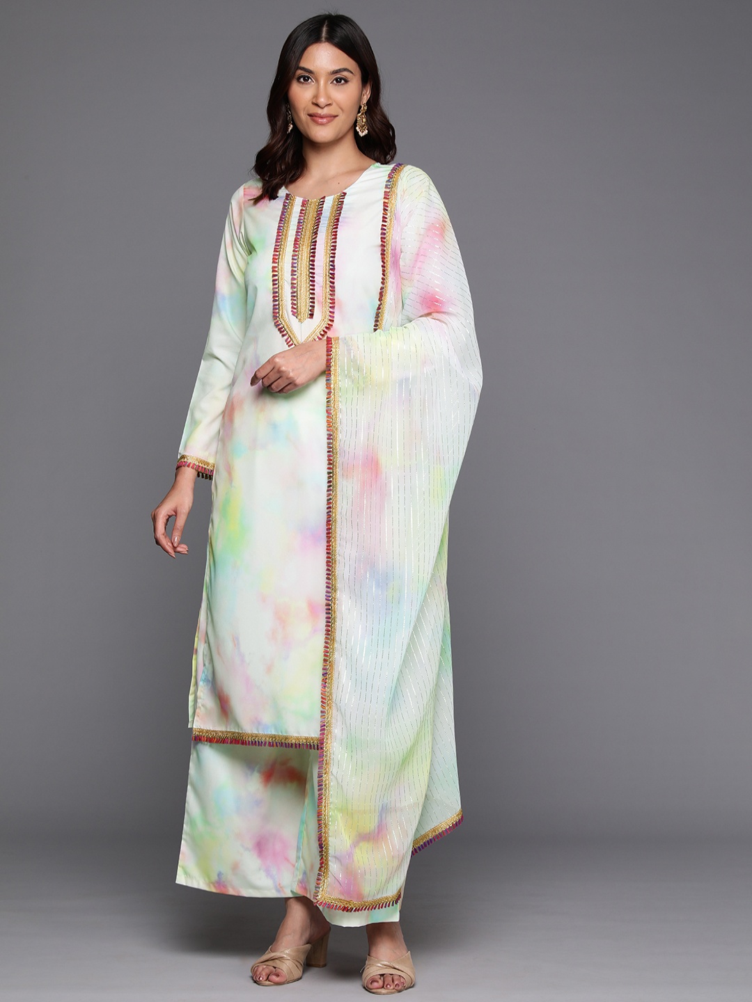 

Ahalyaa Women Printed Regular Thread Work Kurta with Palazzos & With Dupatta, Multi