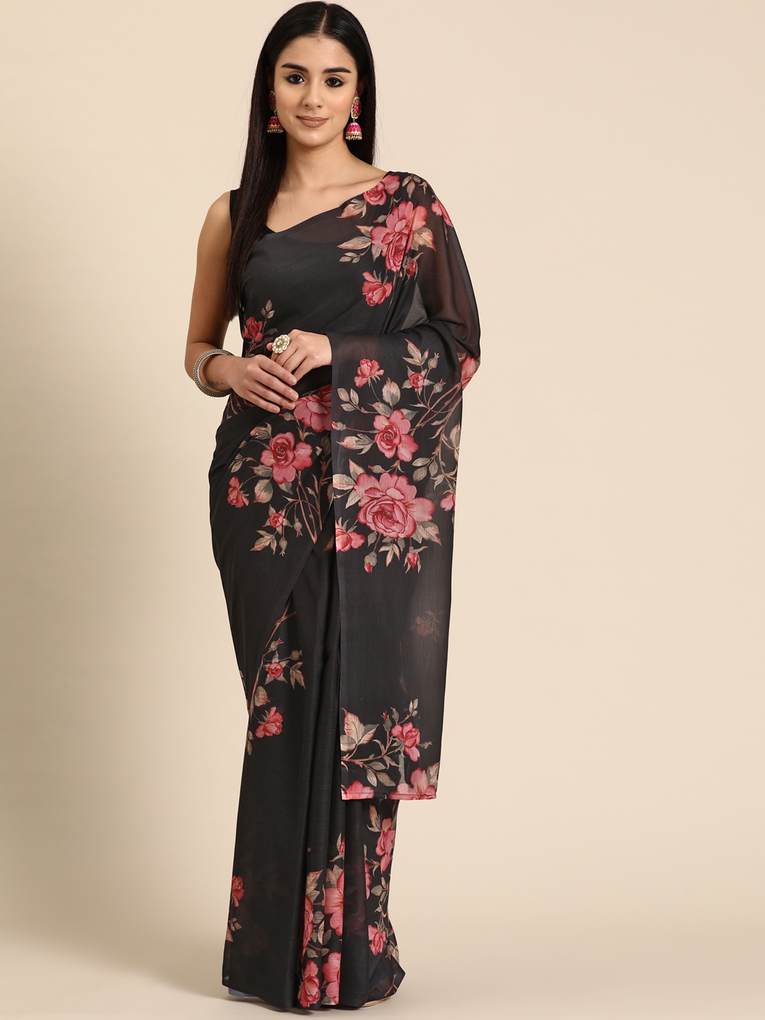 

Ahalyaa Floral Printed Chiffon Saree, Black