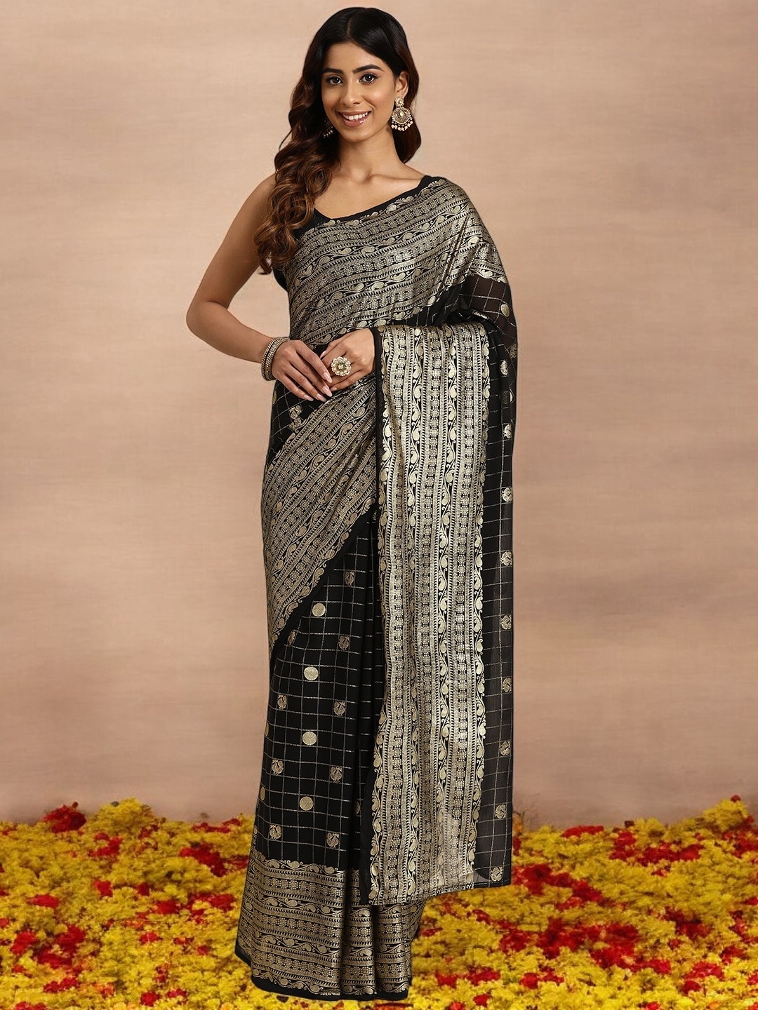 

Ahalyaa Ethnic Motifs Printed Chiffon Kanjeevaram Saree, Black