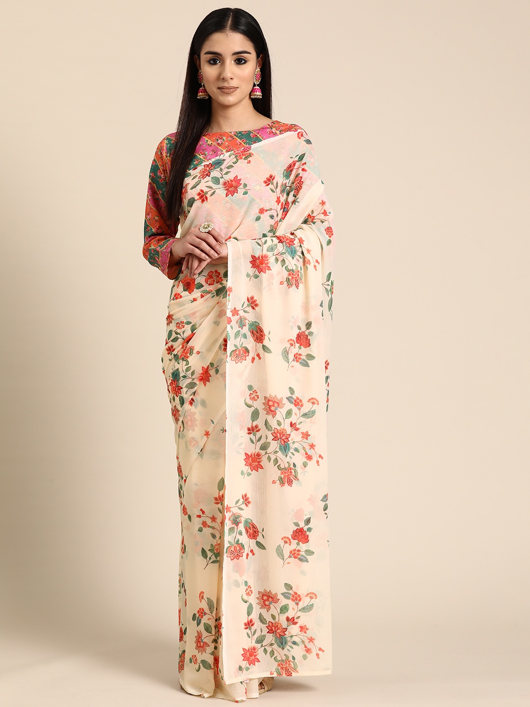

Ahalyaa Floral Printed Chiffon Saree, Off white