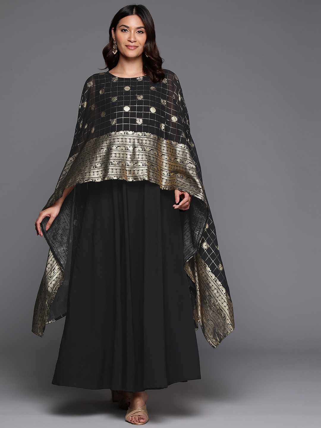 

Ahalyaa Women Ethnic Print Layered Kimono Sleeves Crepe Ethnic A-Line Maxi Dress, Black
