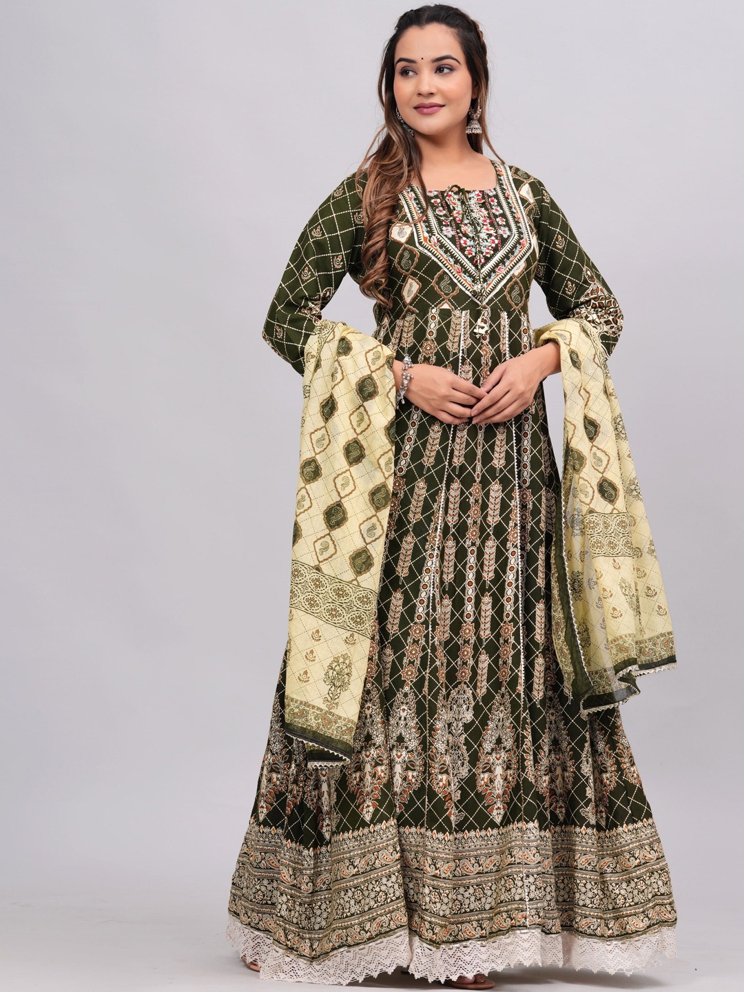 

KALINI Floral Tie-Up Neck Full Sleeves Empire Anarkali Kurta With Trousers & Dupatta, Olive