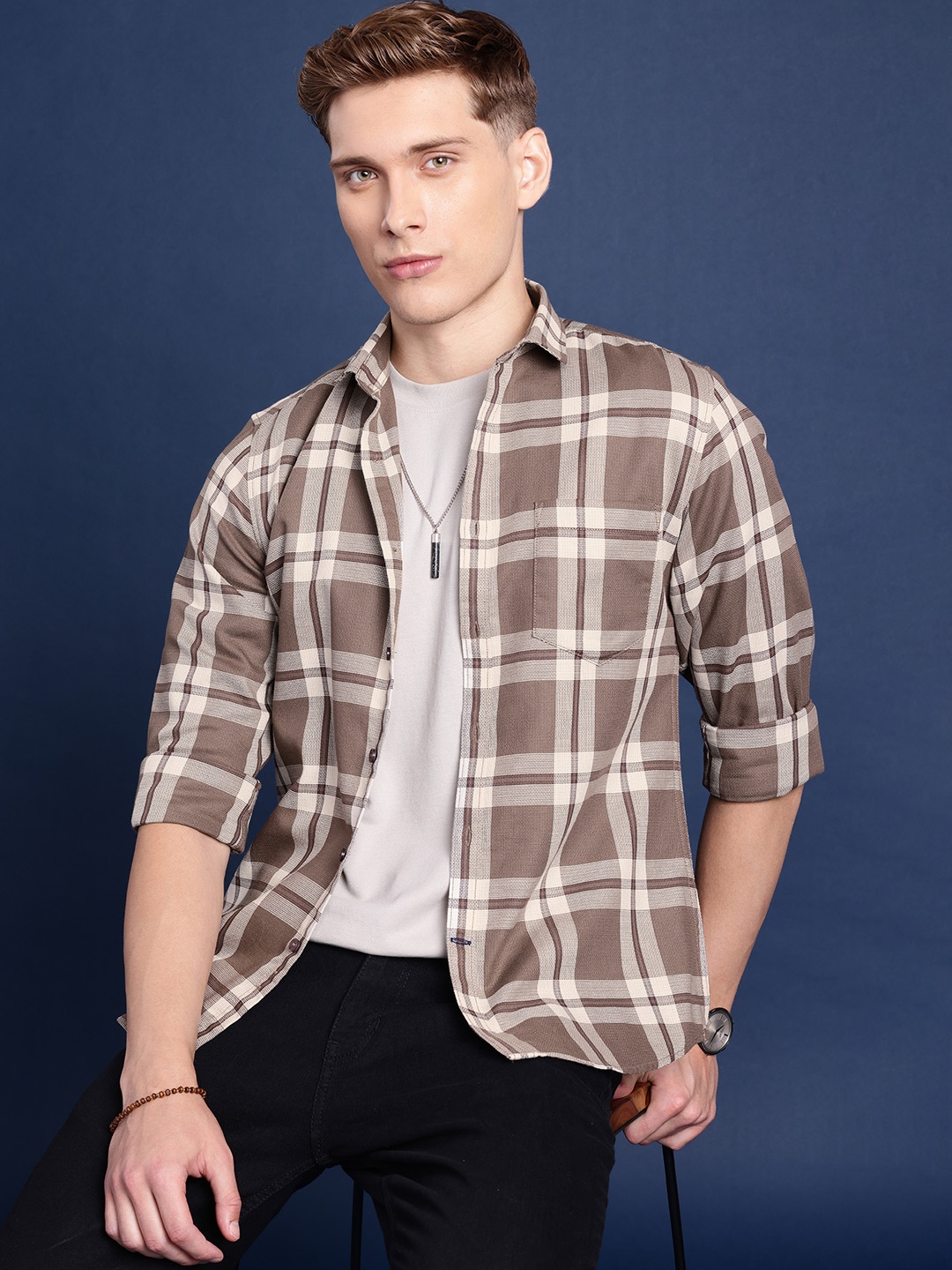 

Mast & Harbour Men Standard Checked Casual Shirt, Brown