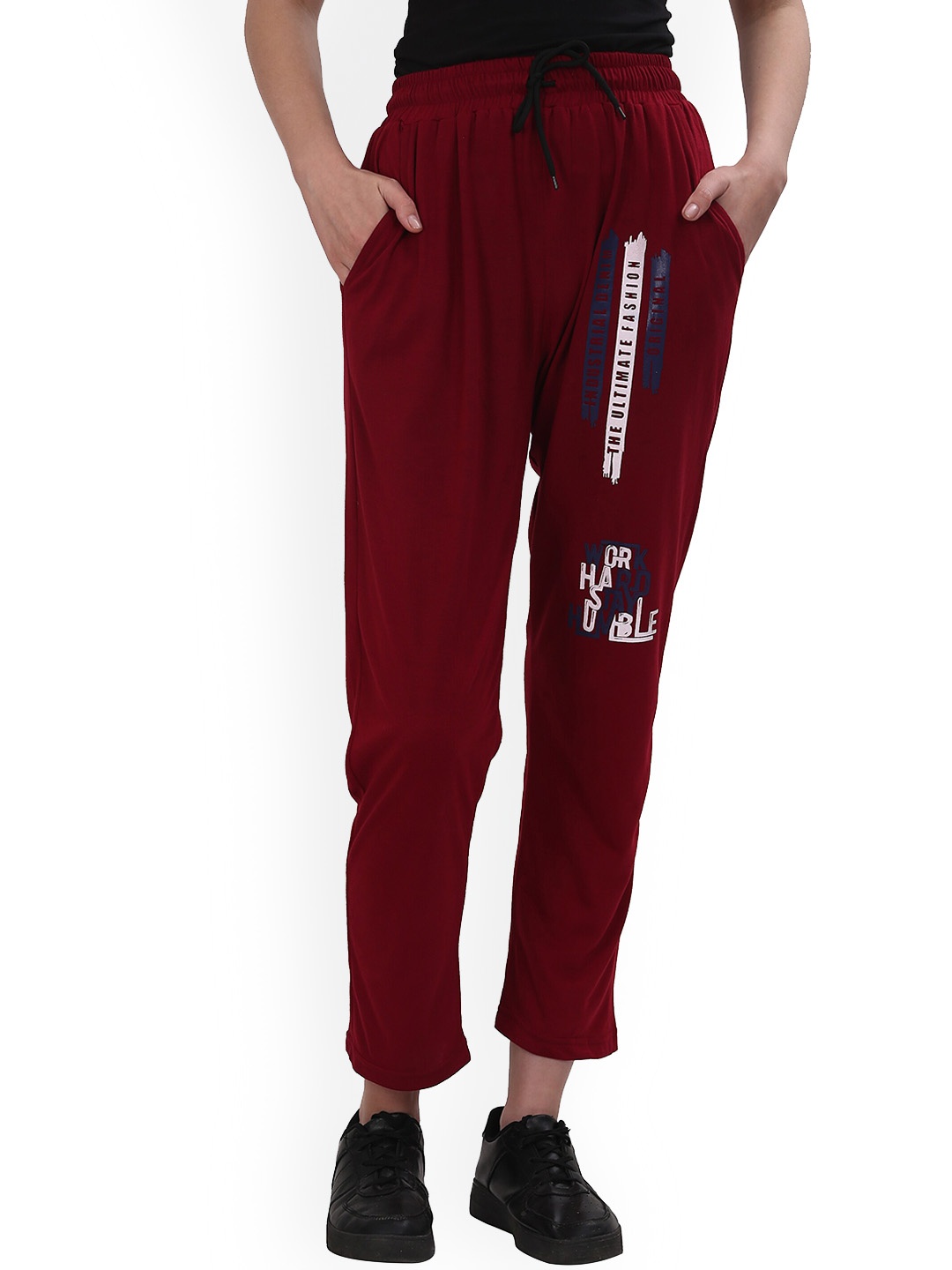 

Fashionable Women Typography Printed Mid Rise Cotton Track Pants, Maroon