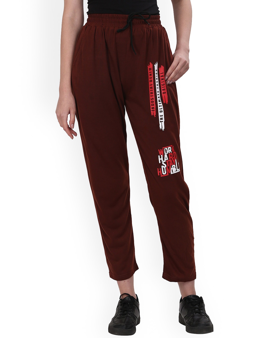 

Fashionable Women Printed Cotton Mid Rise Track Pants, Brown