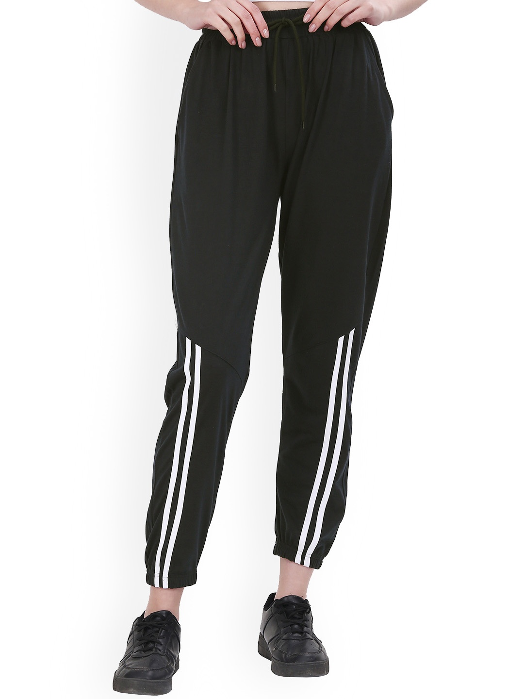 

Fashionable Women Striped Cotton Mid Rise Joggers, Black