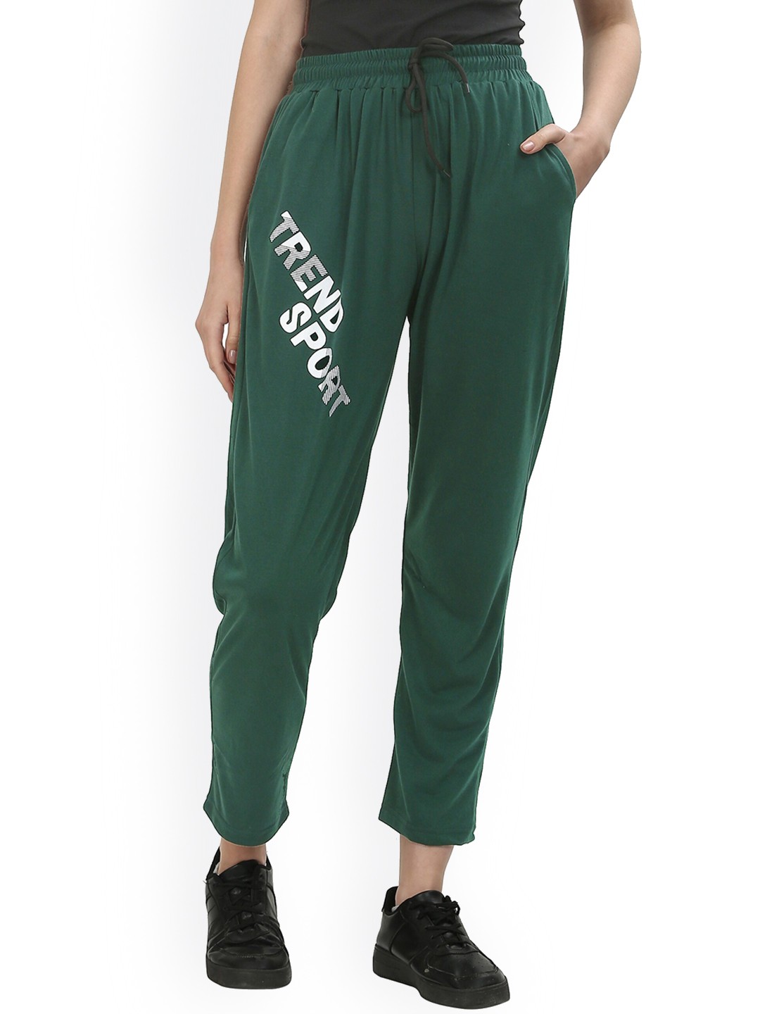 

Fashionable Women Printed Cotton Mid Rise Track Pants, Green