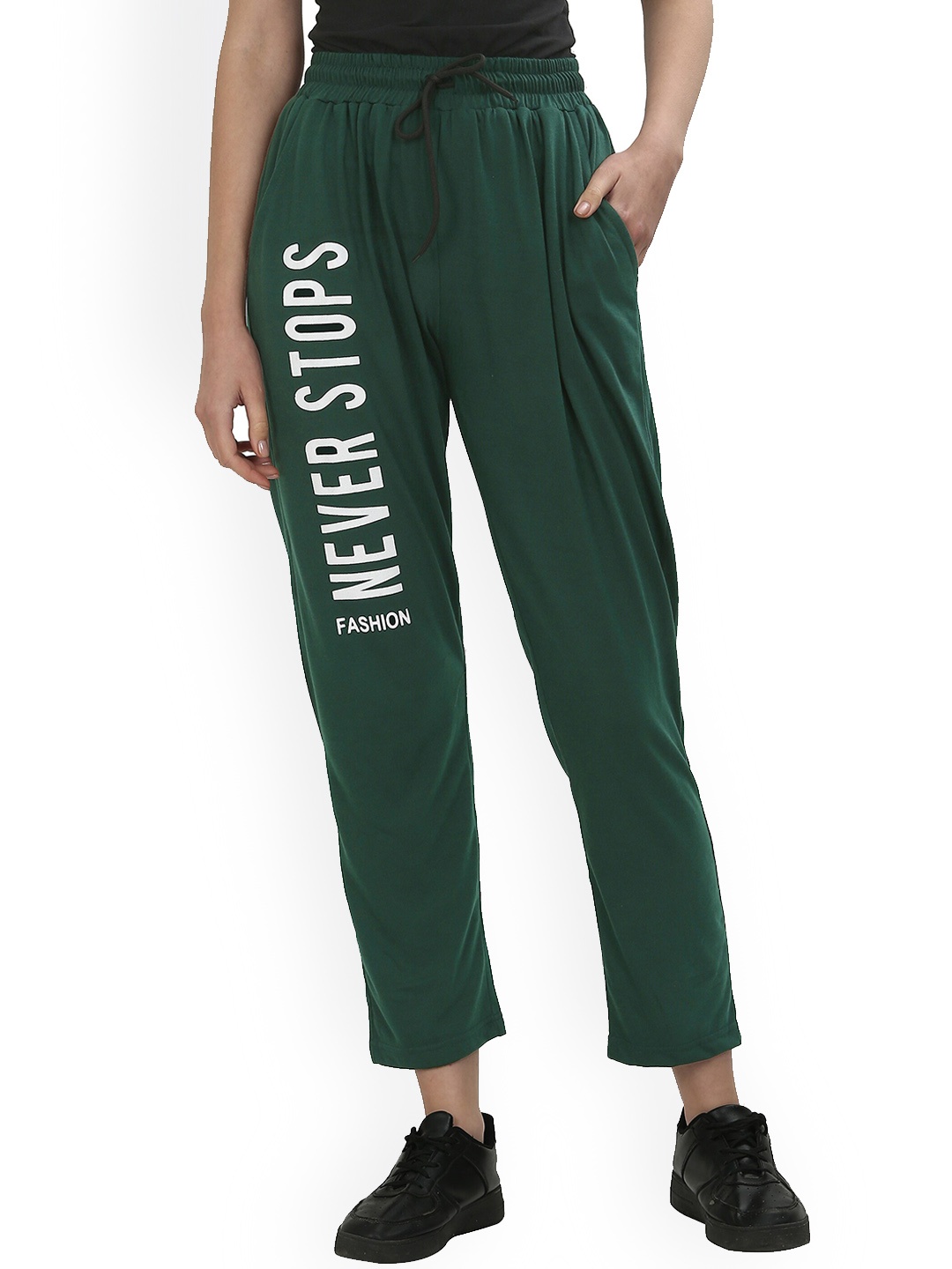 

Fashionable Women Typography Printed Cotton Track Pants, Green