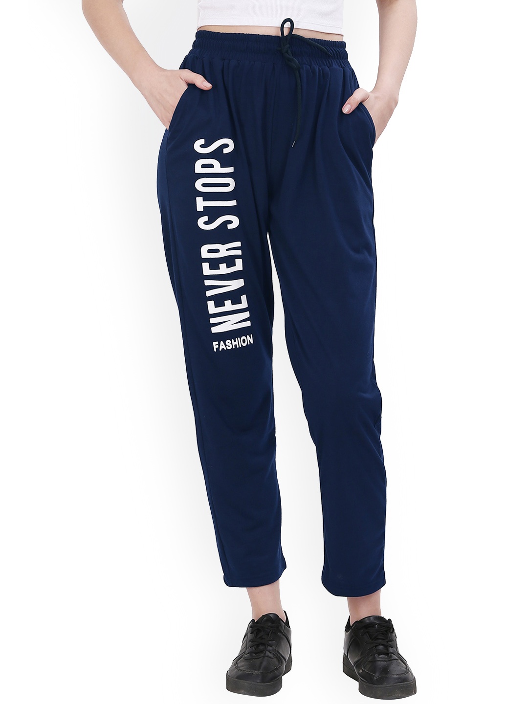 

Fashionable Women Typography Printed Cotton Track Pants, Navy blue