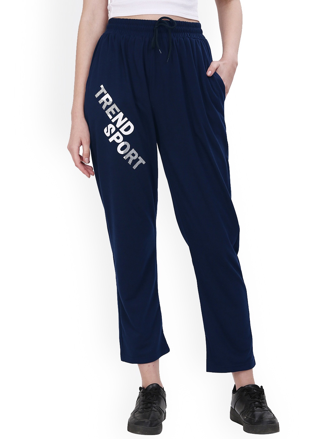 

Fashionable Women Typography Printed Mid-Rise Cotton Regular Track Pants, Navy blue