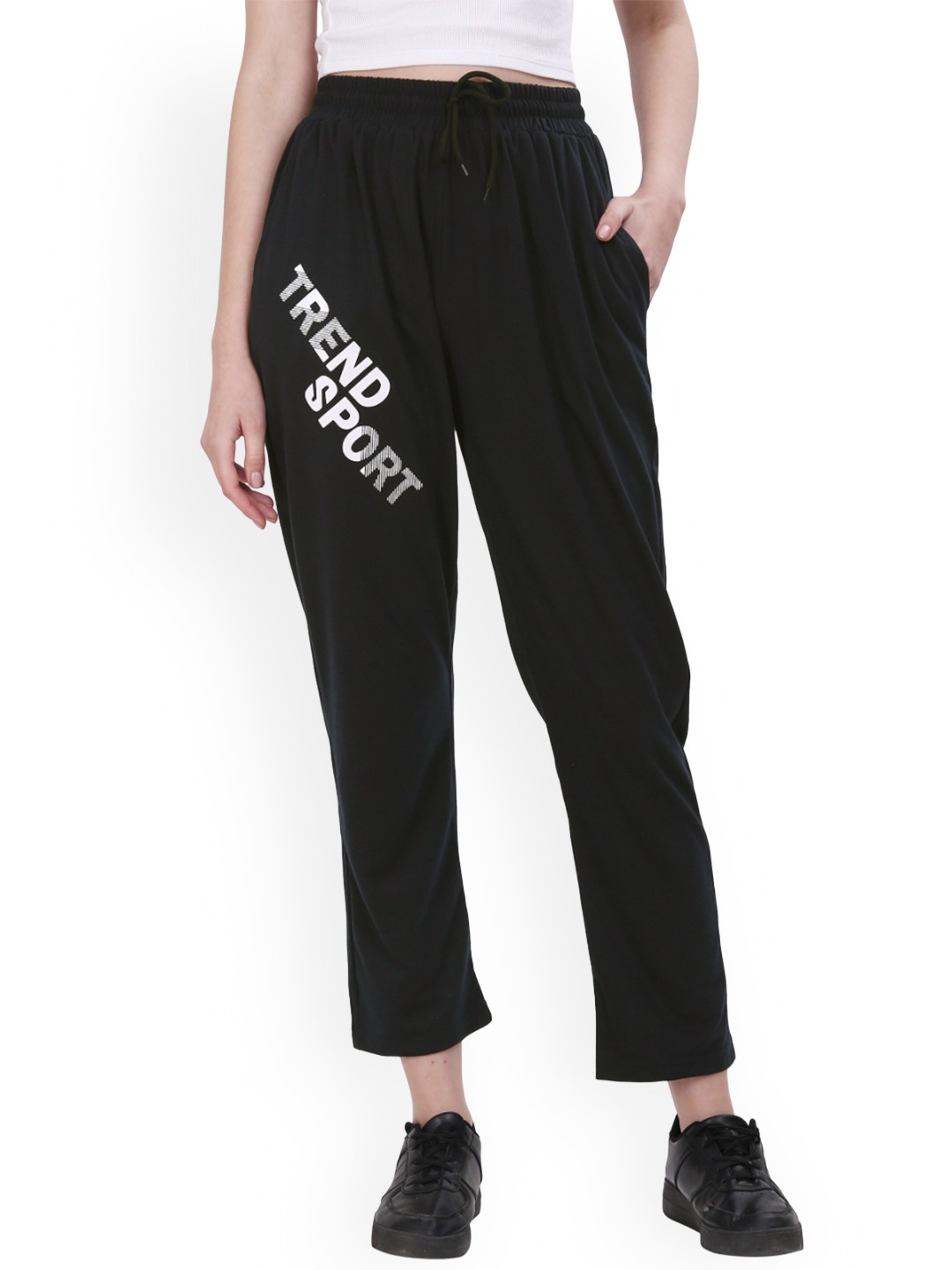 

Fashionable Women Typography Printed Cotton Track Pants, Black