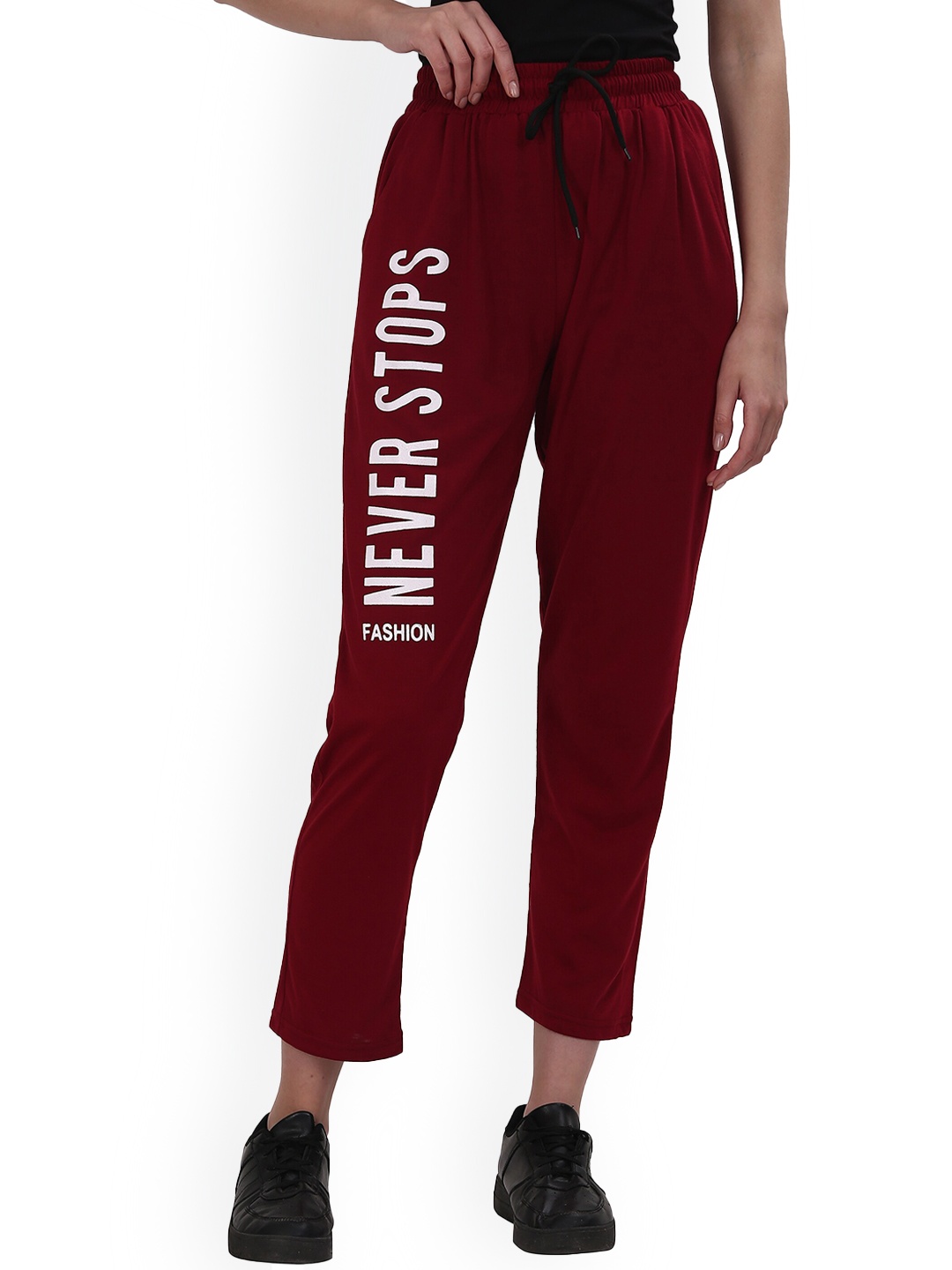 

Fashionable Women Typography Printed Mid Rise Cotton Track Pants, Maroon