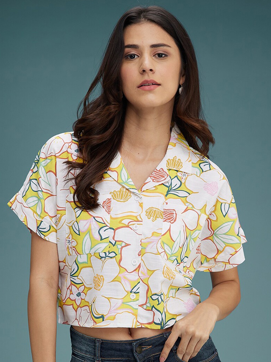 

DressBerry White Floral Printed Cotton Shirt Style Crop Top