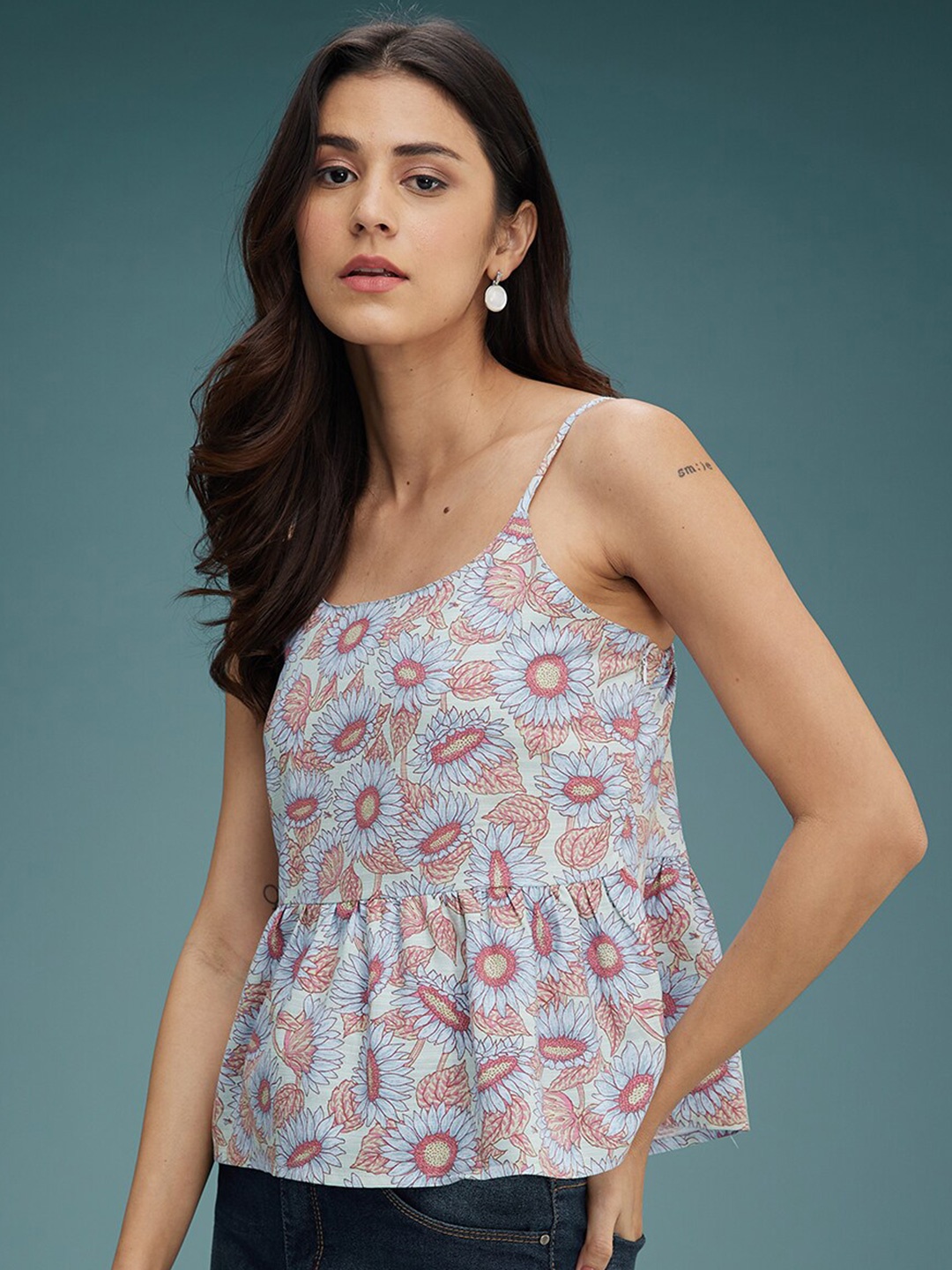 

DressBerry Blue Floral Printed Cotton Peplum Top