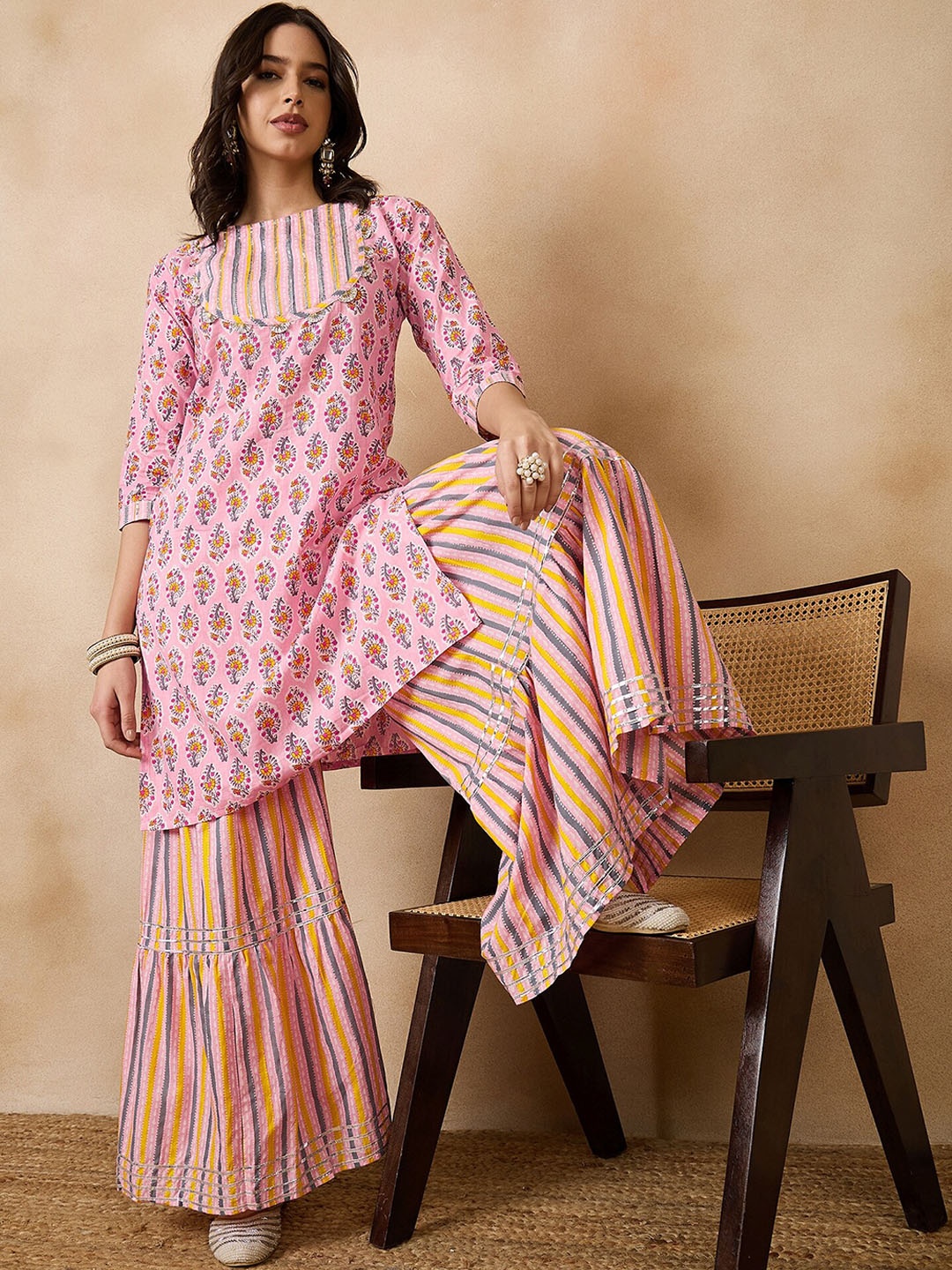

KAVINDI Paisley Printed Regular Gotta Patti Pure Cotton Kurta with Sharara, Pink