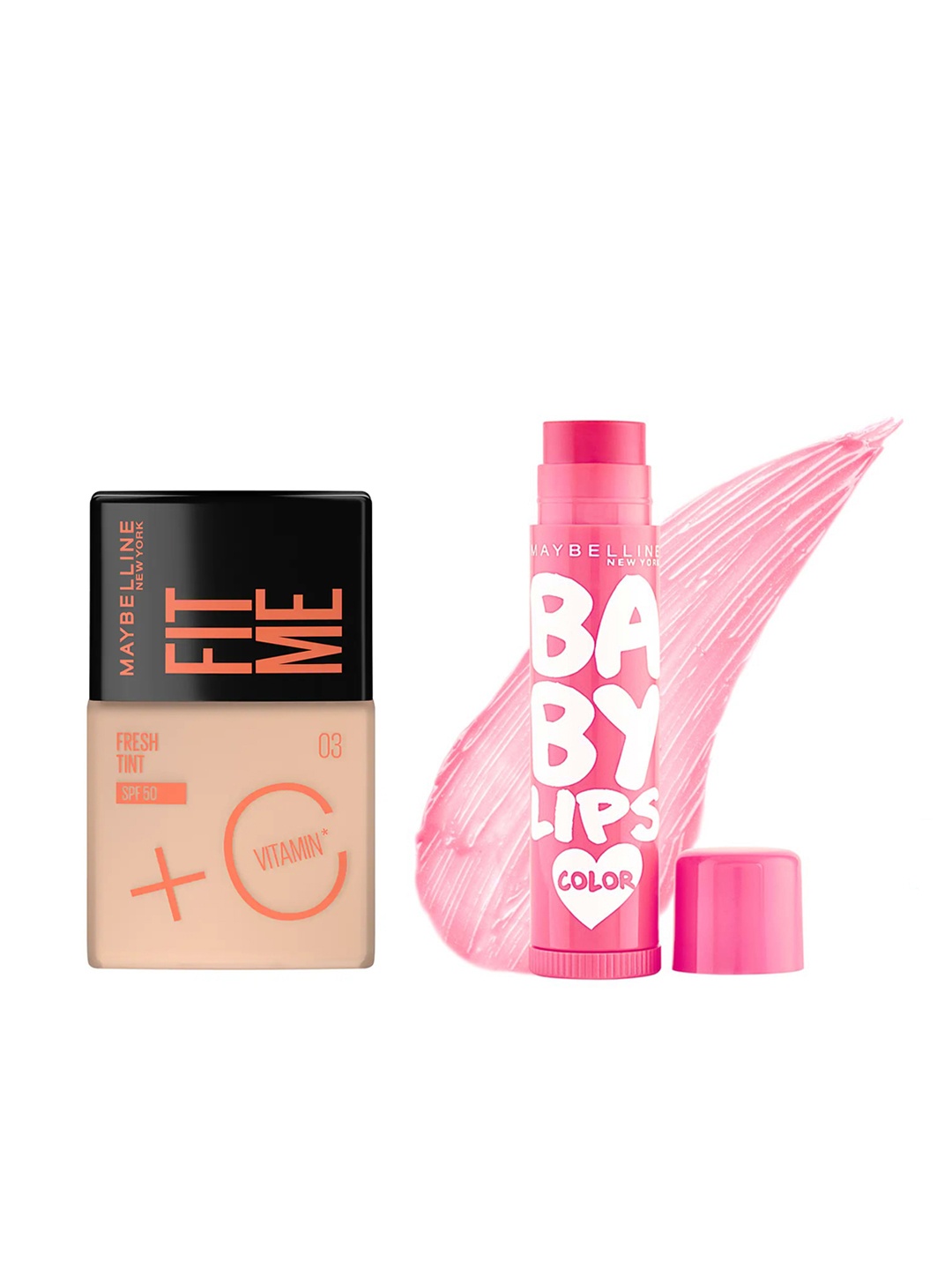 

Maybelline New York Fit Me SPF 50 Fresh Tint 30ml- 03 & Baby Lips Balm 4g- Pink Lolita, Nude