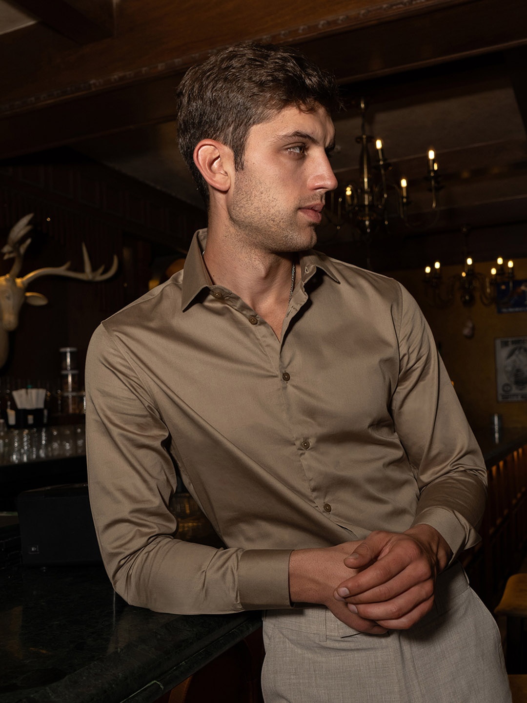 

ARISTOBRAT Slim Fit Spread Collar Cotton Formal Shirt, Taupe