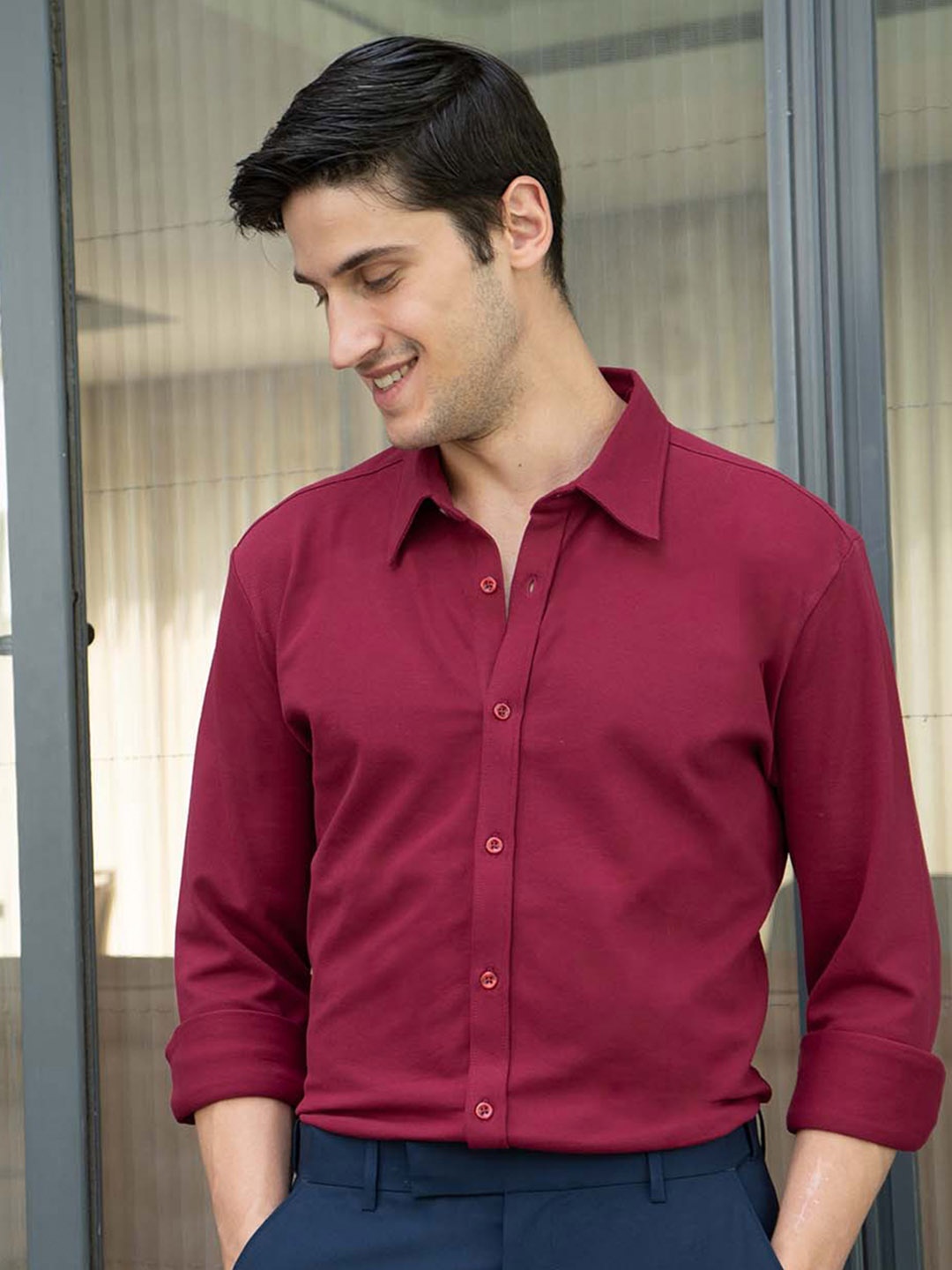 

ARISTOBRAT Premium Slim Fit Pique Casual Shirt, Maroon