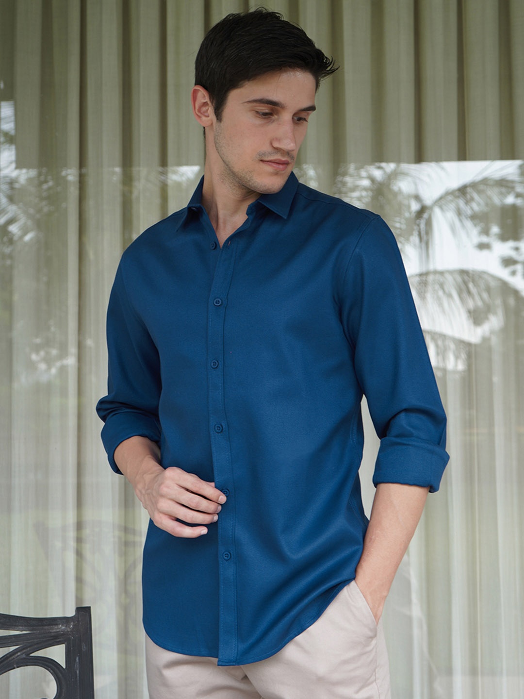 

ARISTOBRAT Premium Slim Fit Twill Tencel Cotton Casual Shirt, Navy blue