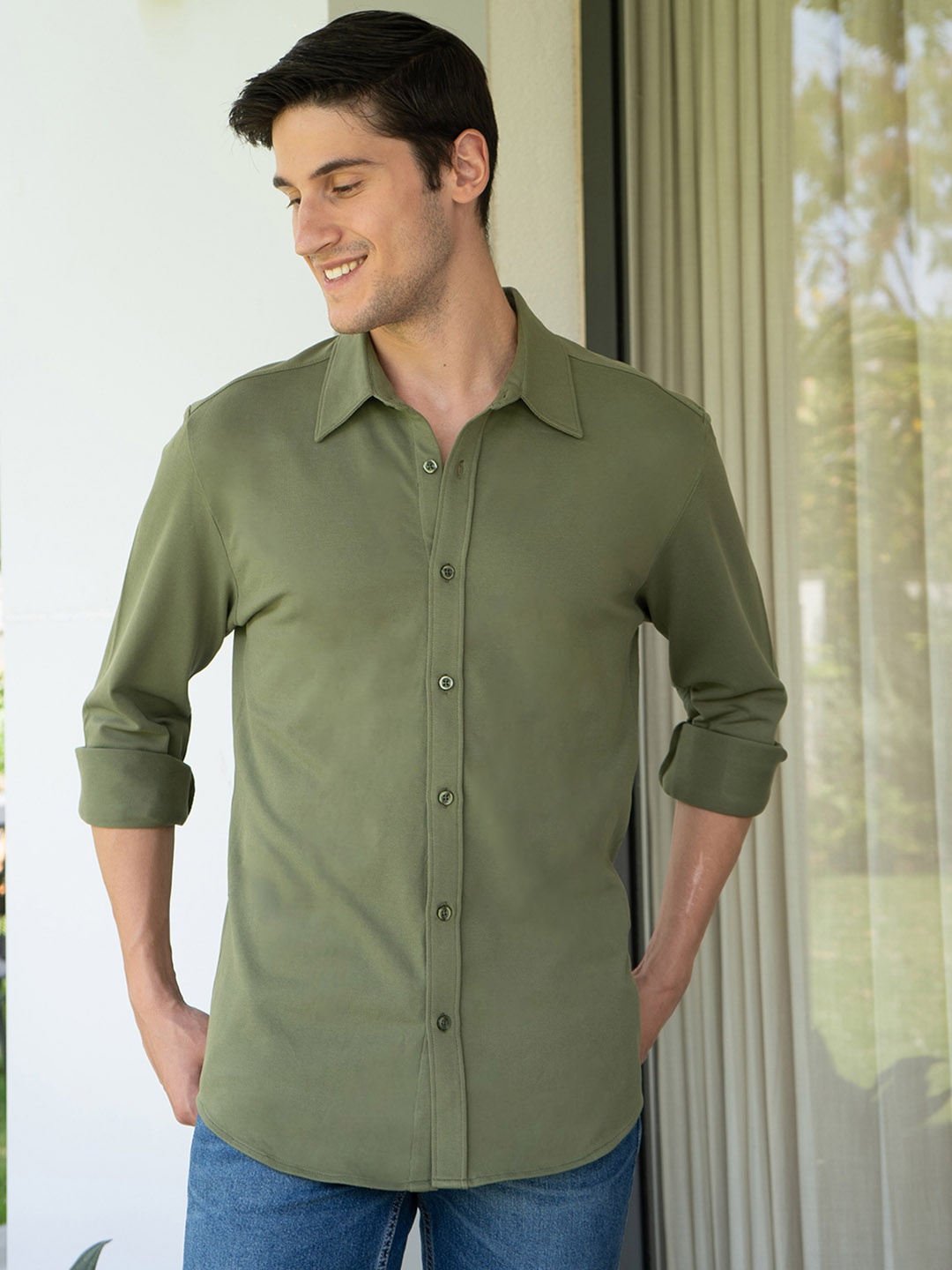 

ARISTOBRAT Premium Slim Fit Pique Casual Shirt, Green