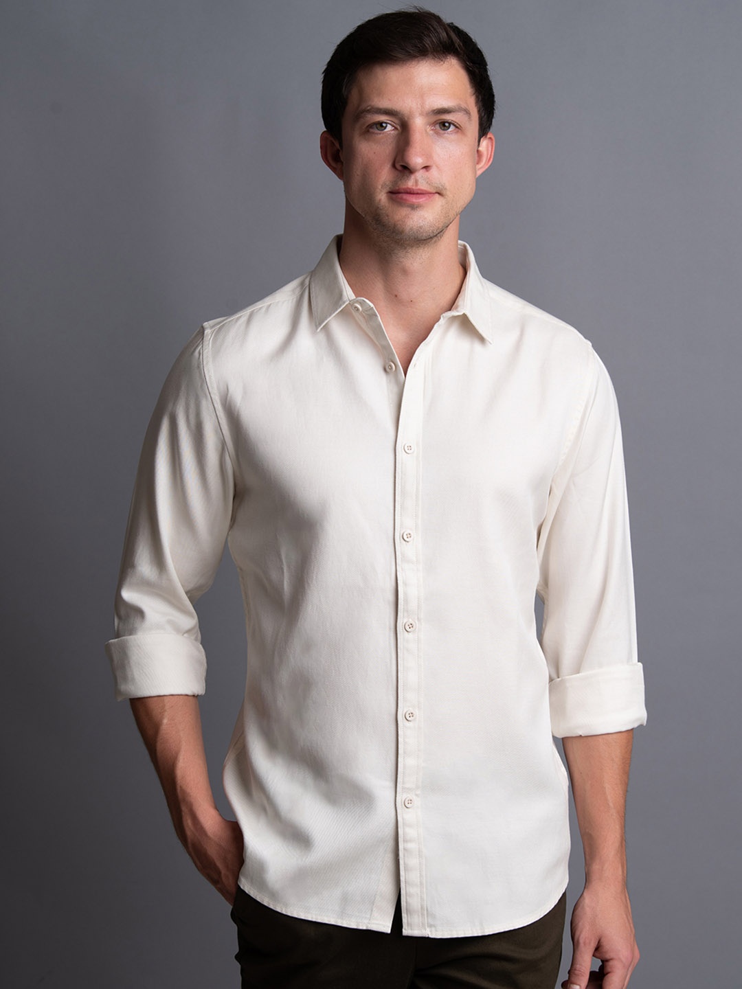 

ARISTOBRAT Premium Slim Fit Twill Tencel Cotton Casual Shirt, Cream