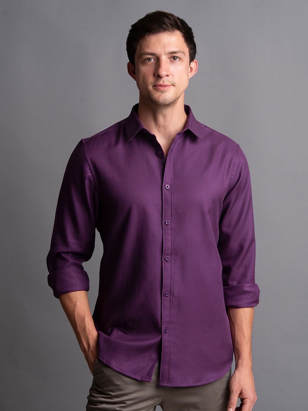 

ARISTOBRAT Premium Slim Fit Twill Tencel Cotton Casual Shirt, Purple