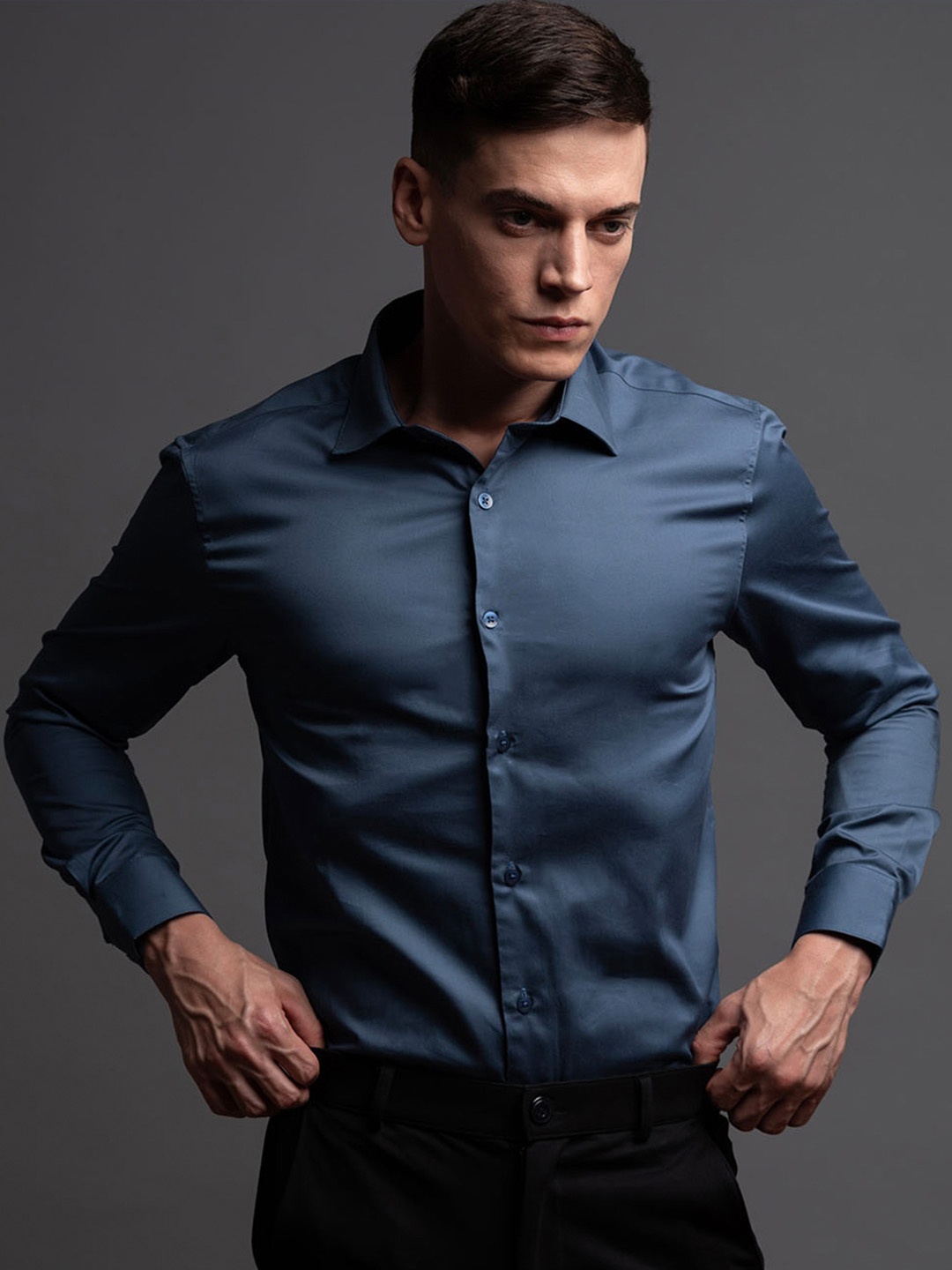 

ARISTOBRAT Slim Fit Spread Collar Cotton Formal Shirt, Blue