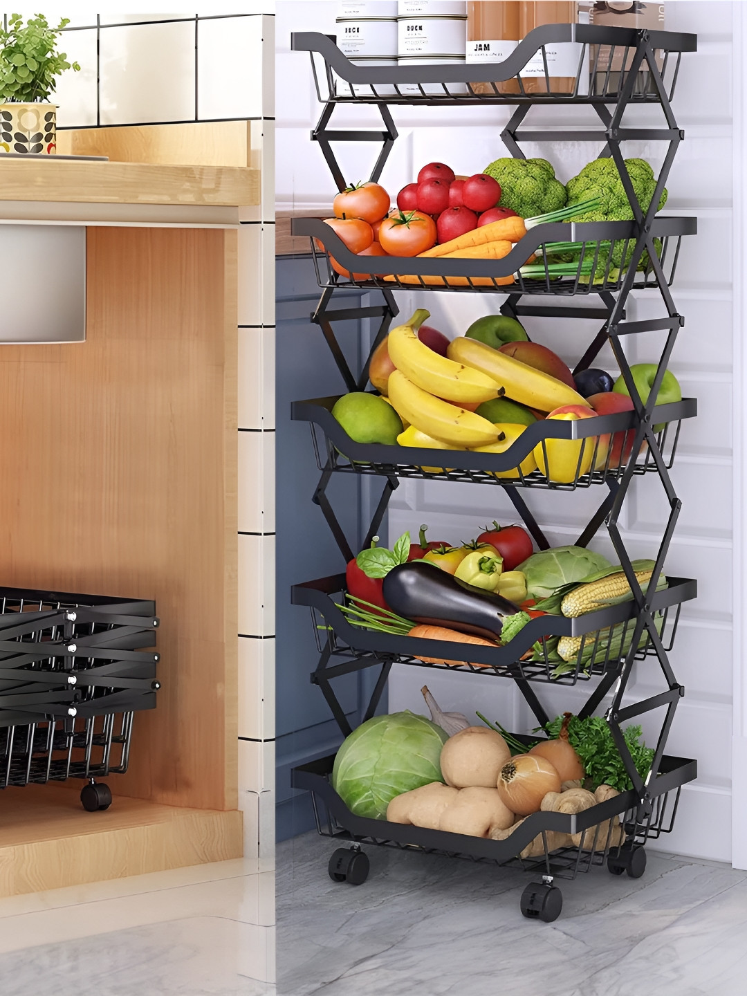 

USHA SHRIRAM Black 5 Pieces 5 Layer Kitchen Fruit and Vegetable Baskets