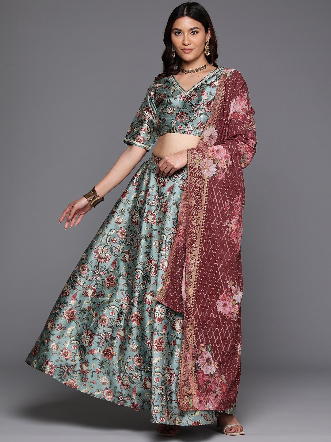 

Ahalyaa Printed Ready to Wear Lehenga & Blouse With Dupatta, Green