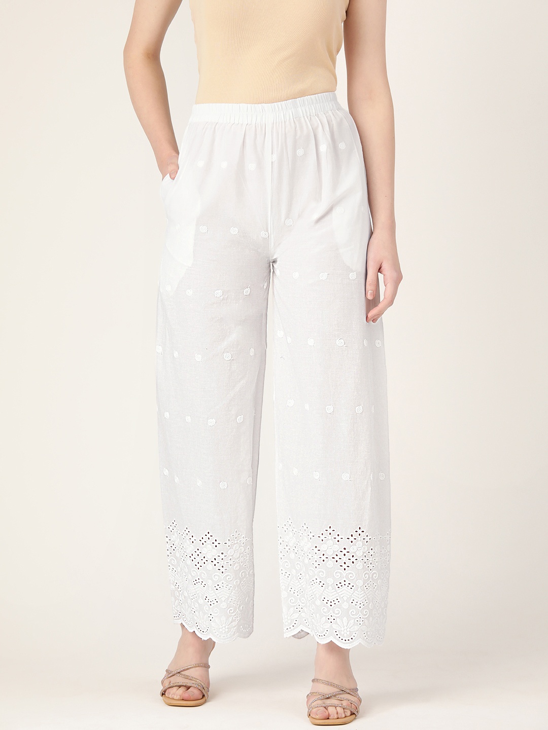 

FERANOID Women Embroidered Ethnic Palazzos, White