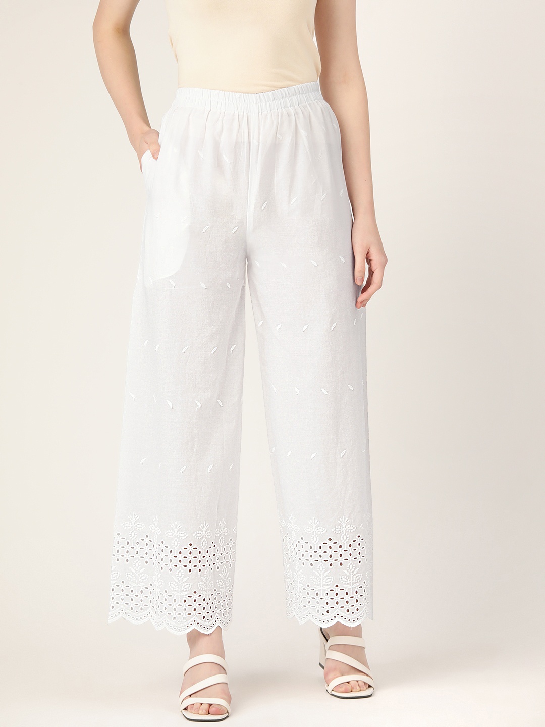 

FERANOID Women Floral Embroidered Ethnic Palazzos, White