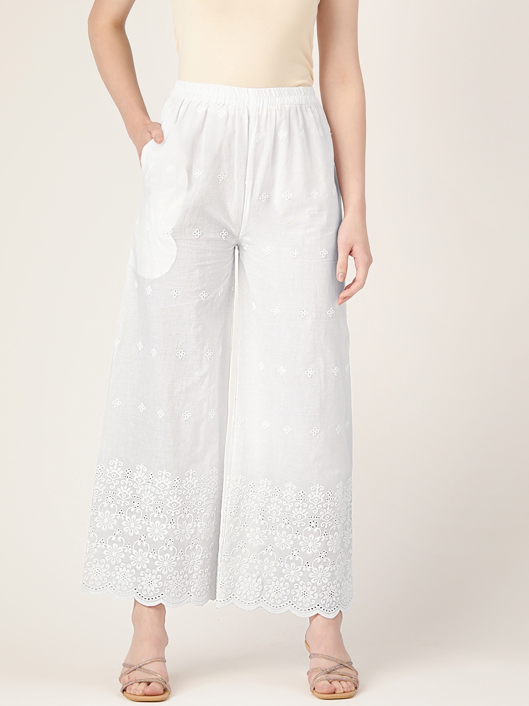 

FERANOID Women Floral Embroidered Ethnic Palazzos, White
