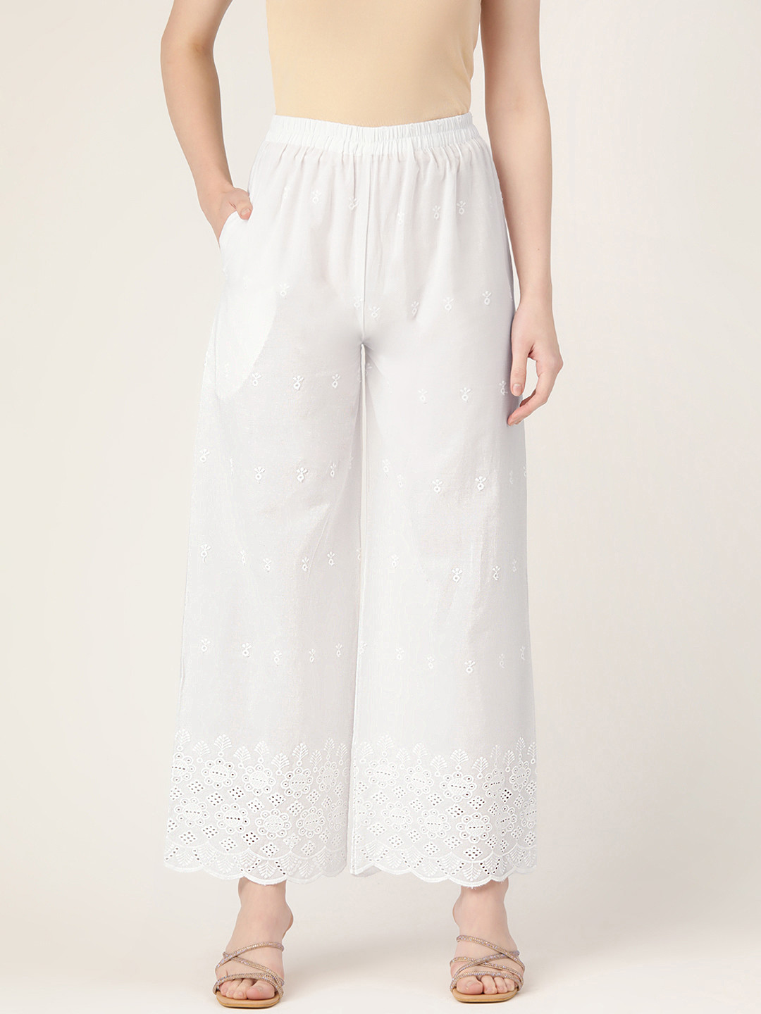 

FERANOID Women Floral Embroidered Ethnic Palazzos, White