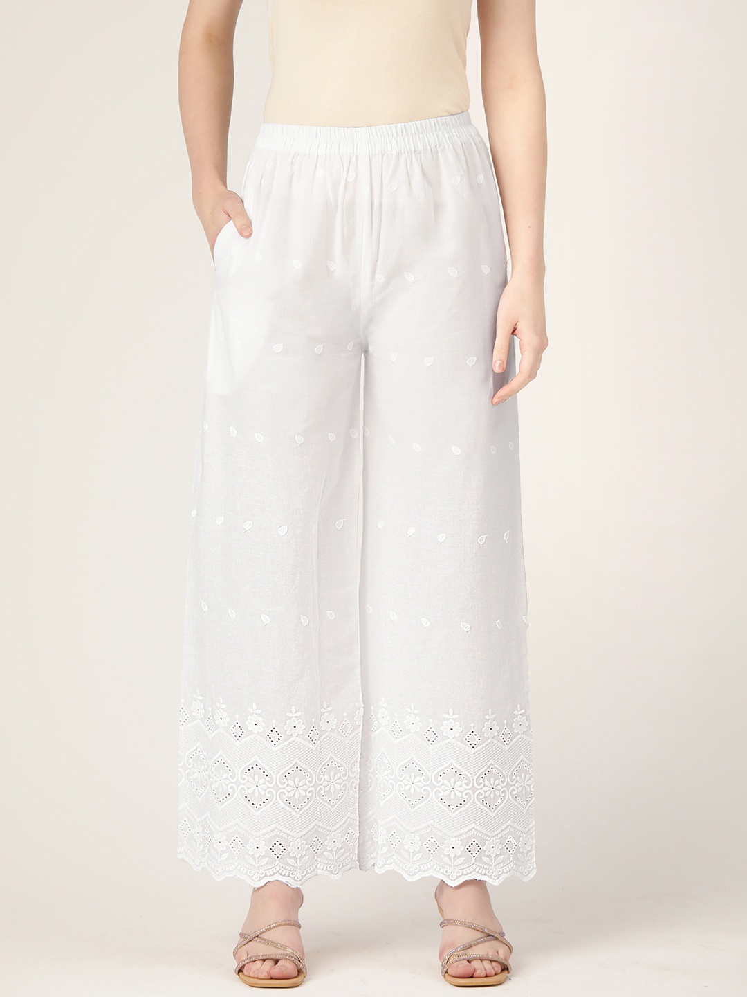 

FERANOID Women Embroidered Ethnic Palazzos, White
