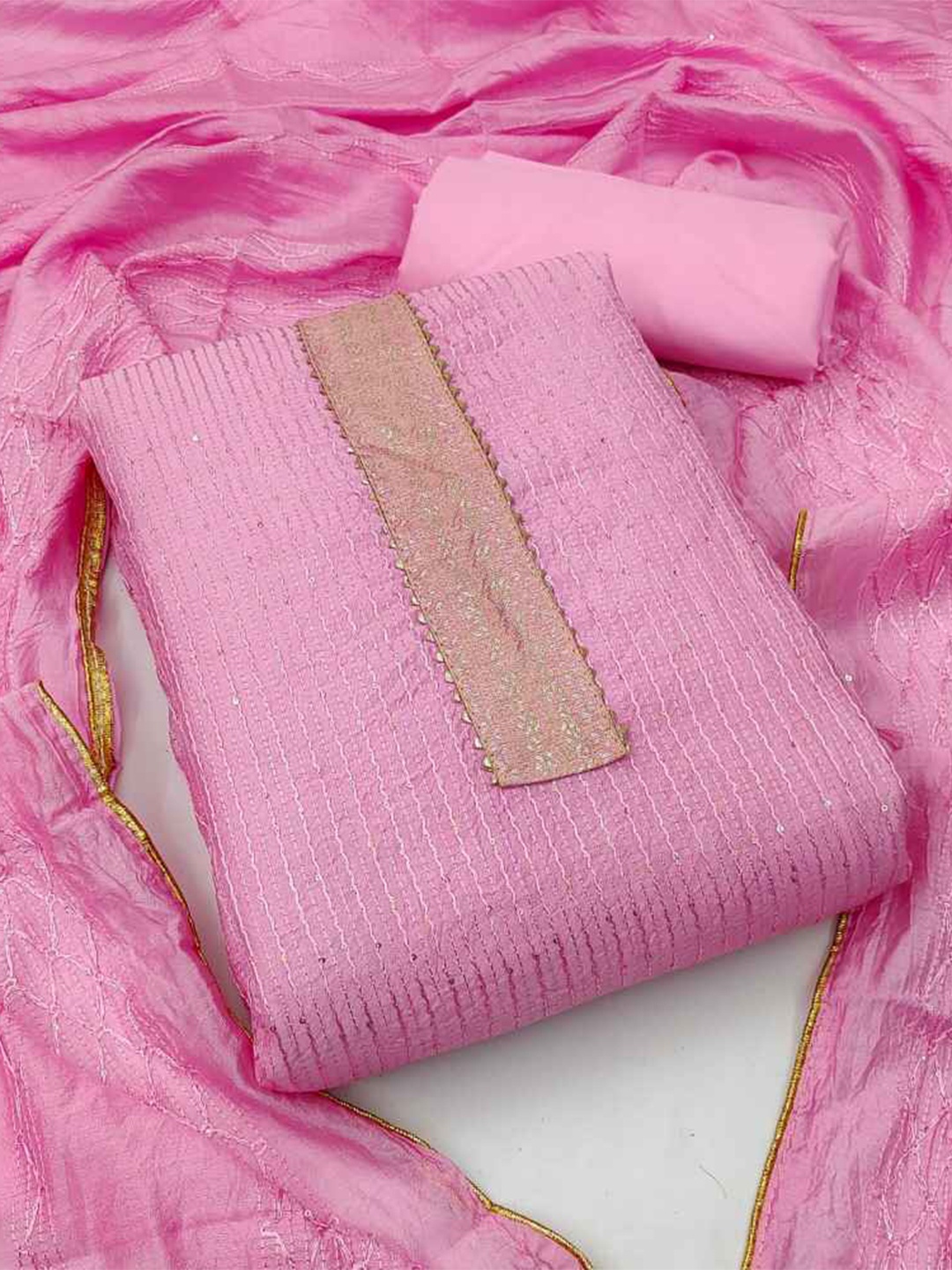 

faxofab Embroidered Silk Georgette Unstitched Dress Material, Pink