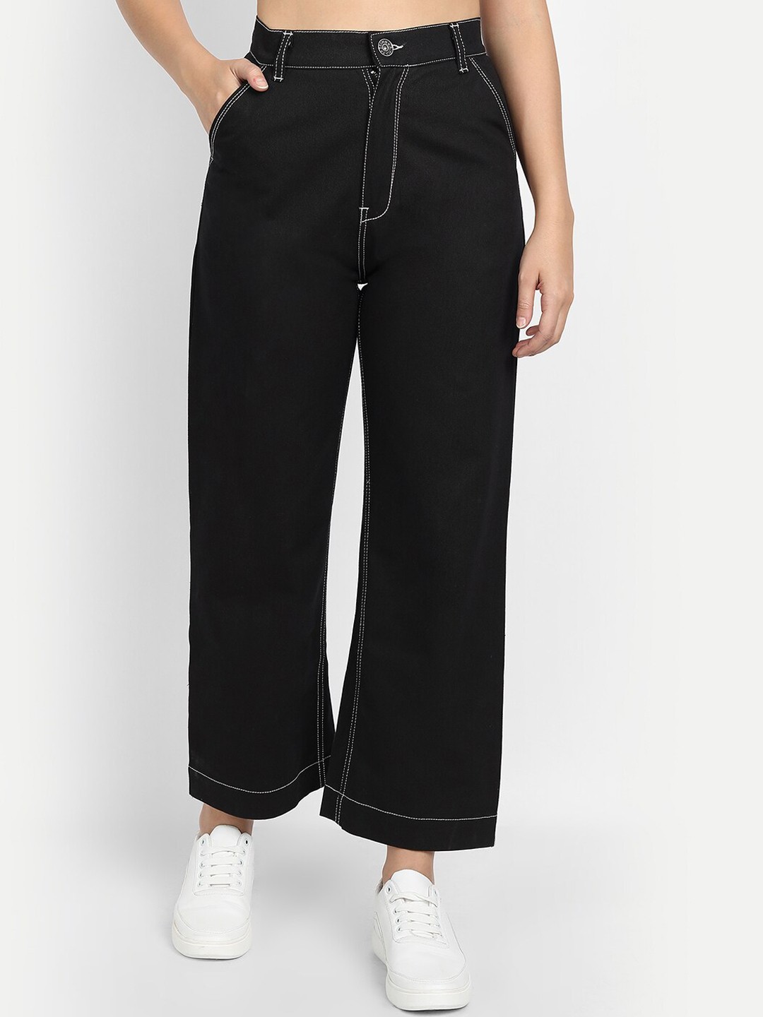 

River Of Design Jeans Women Jean Wide Leg High-Rise Cropped Cotton Jeans, Black