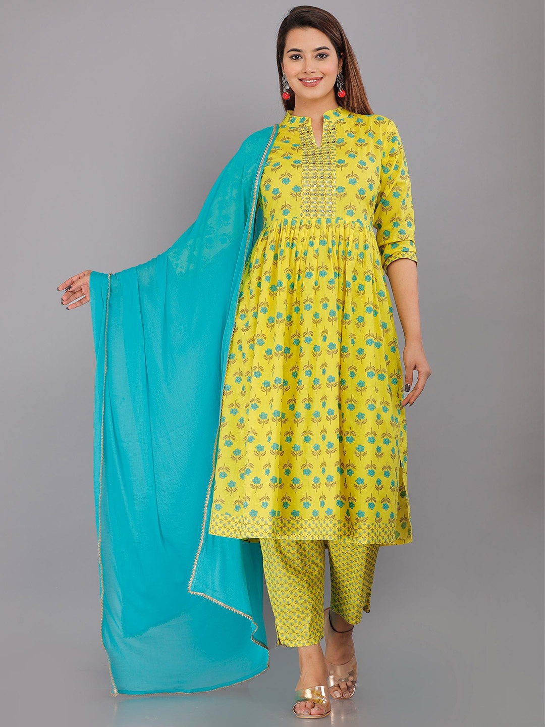 

HIGHLIGHT FASHION EXPORT Floral Printed Regular Sequinned Kurta With Trousers & Dupatta, Yellow
