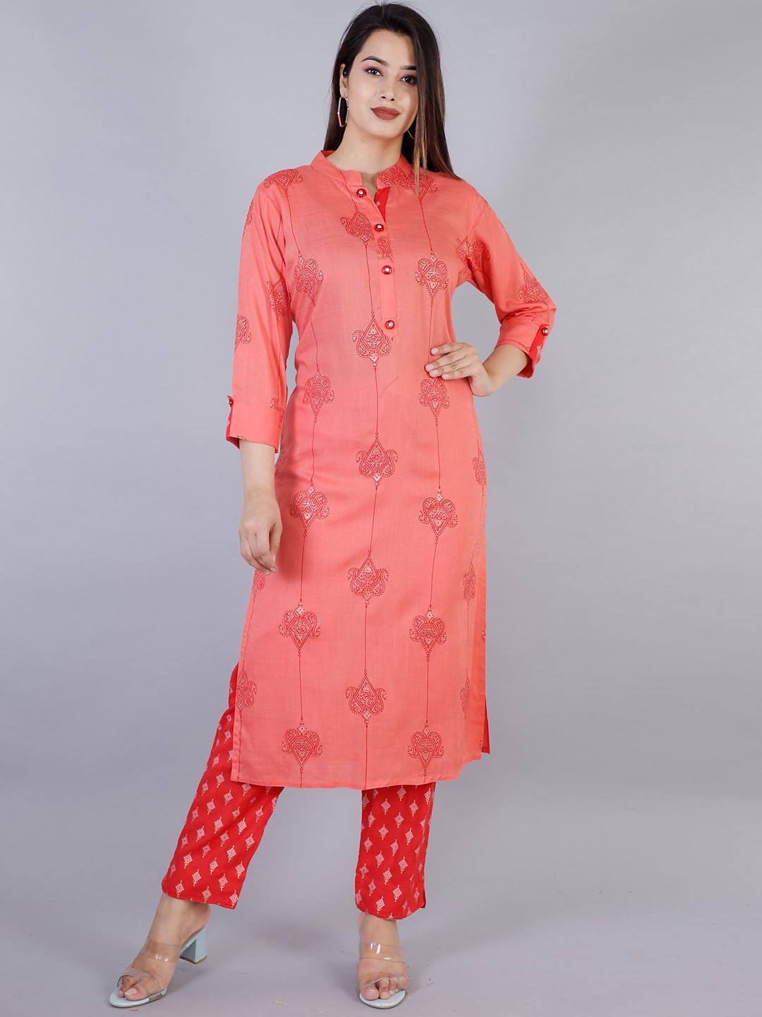 

HIGHLIGHT FASHION EXPORT Ethnic Motifs Printed Regular Straight Kurta With Trousers, Peach