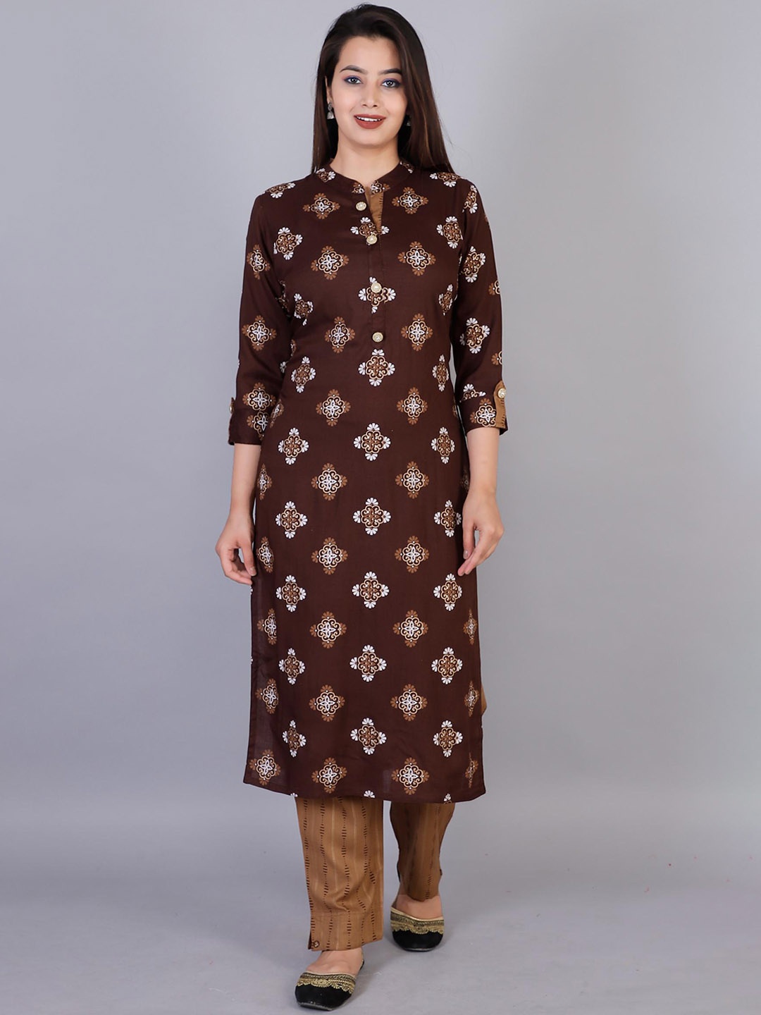 

HIGHLIGHT FASHION EXPORT Ethnic Motifs Printed Regular Straight Kurta With Trousers, Brown