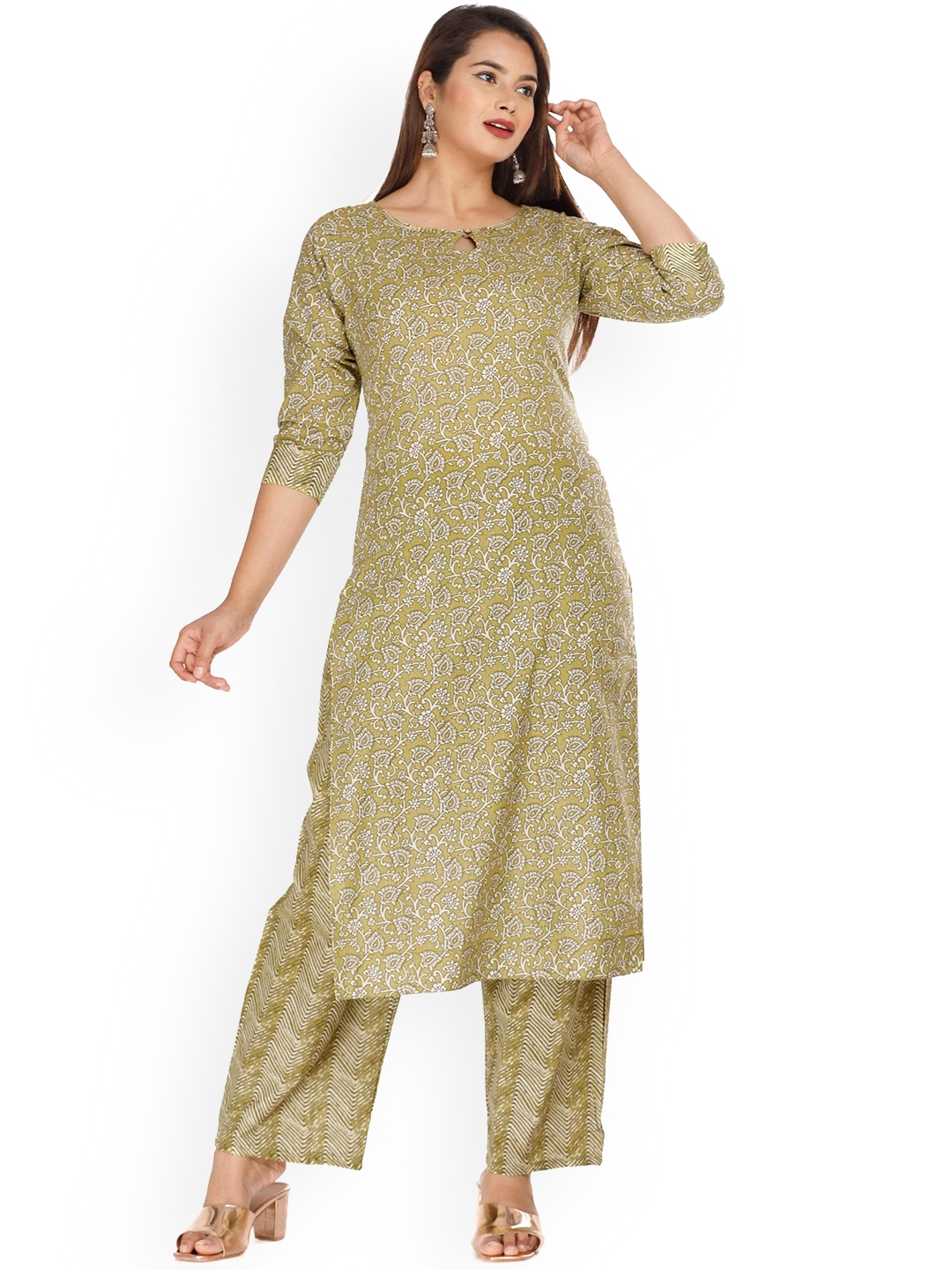 

HIGHLIGHT FASHION EXPORT Women Floral Printed Regular Kurta with Trousers, Green