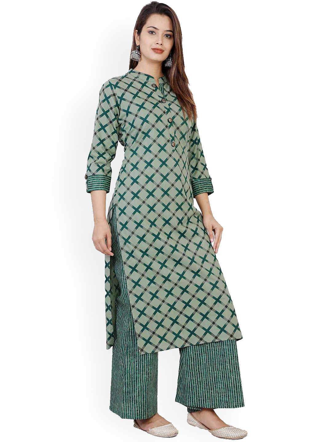 

HIGHLIGHT FASHION EXPORT Checked Printed Mandarin Collar Kurta with Palazzos, Green
