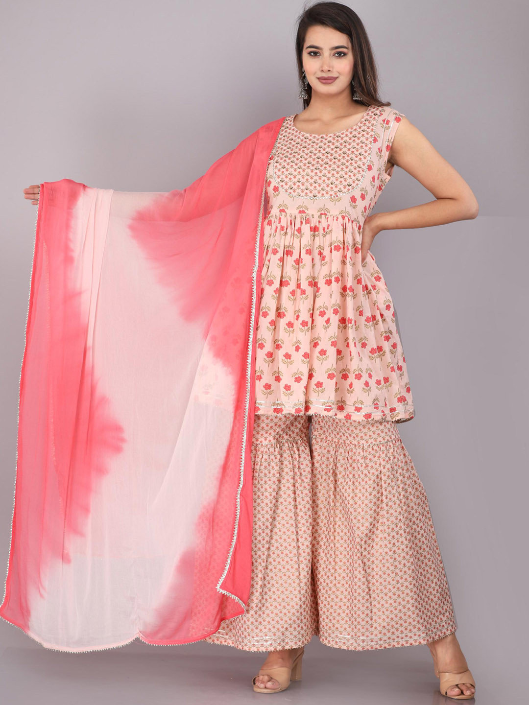 

HIGHLIGHT FASHION EXPORT Floral Printed Round Neck Zardozi Kurta with Sharara & Dupatta, Pink